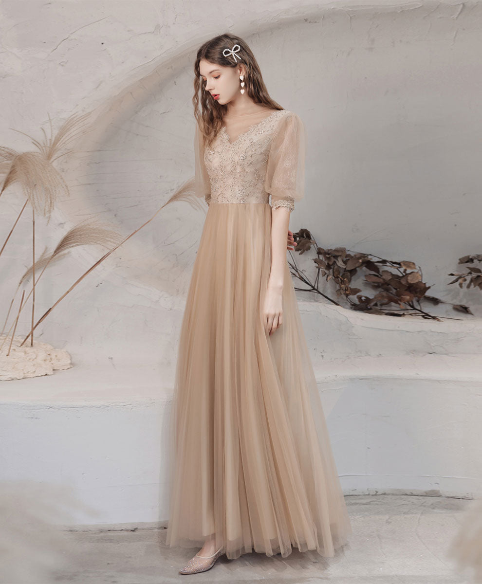Elegant Champagne High Neck Tulle Lace Long Prom Dress for Women | Formal Evening Gown for Graduation, Homecoming, Wedding Guest & Special Occasions