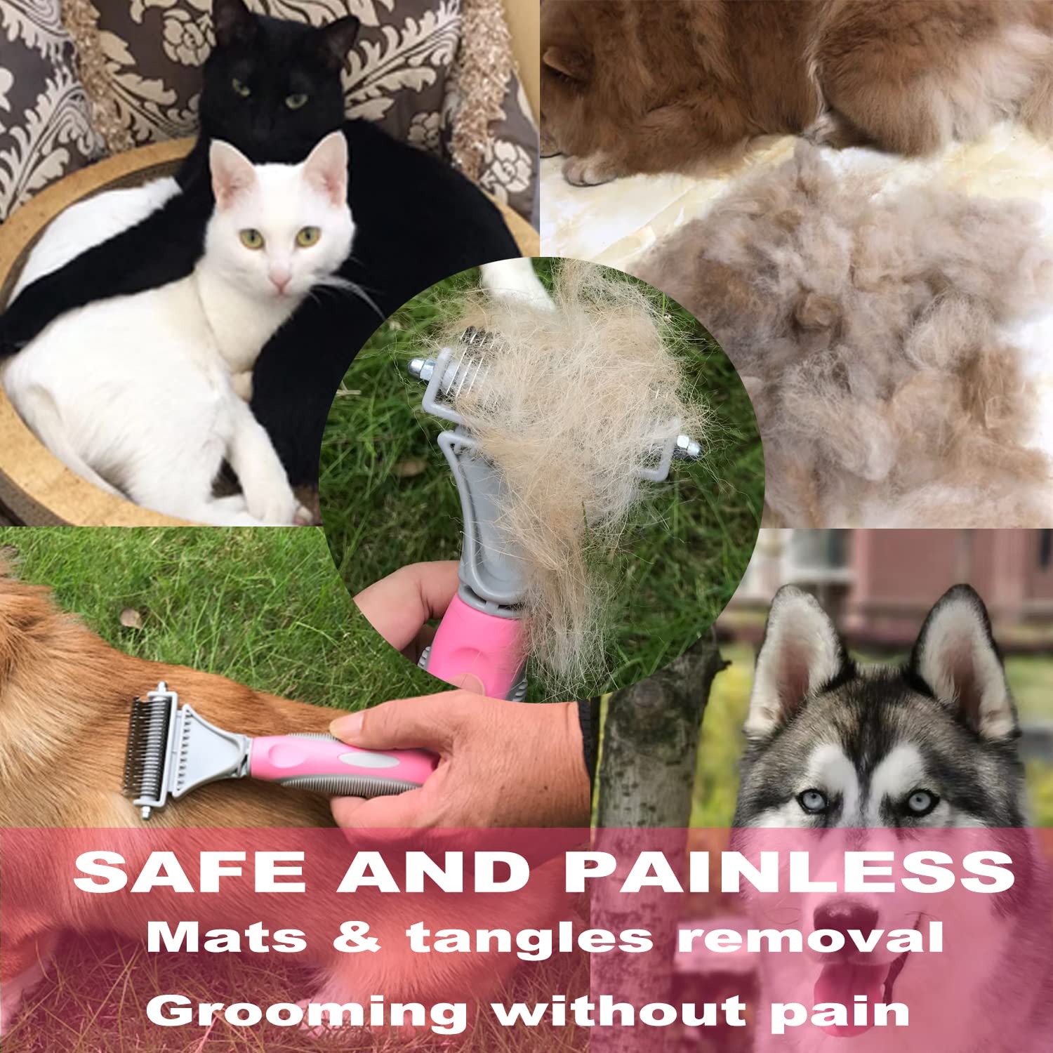 Pet Dematting Comb - 2 Sided Undercoat Rake for Cats & Dogs - Safe Grooming Tool for Removing Mats & Tangles - Medium & Long Haired Pet Brush for Shedding (Pink) - Perfect for Home Grooming & Professional Pet Care