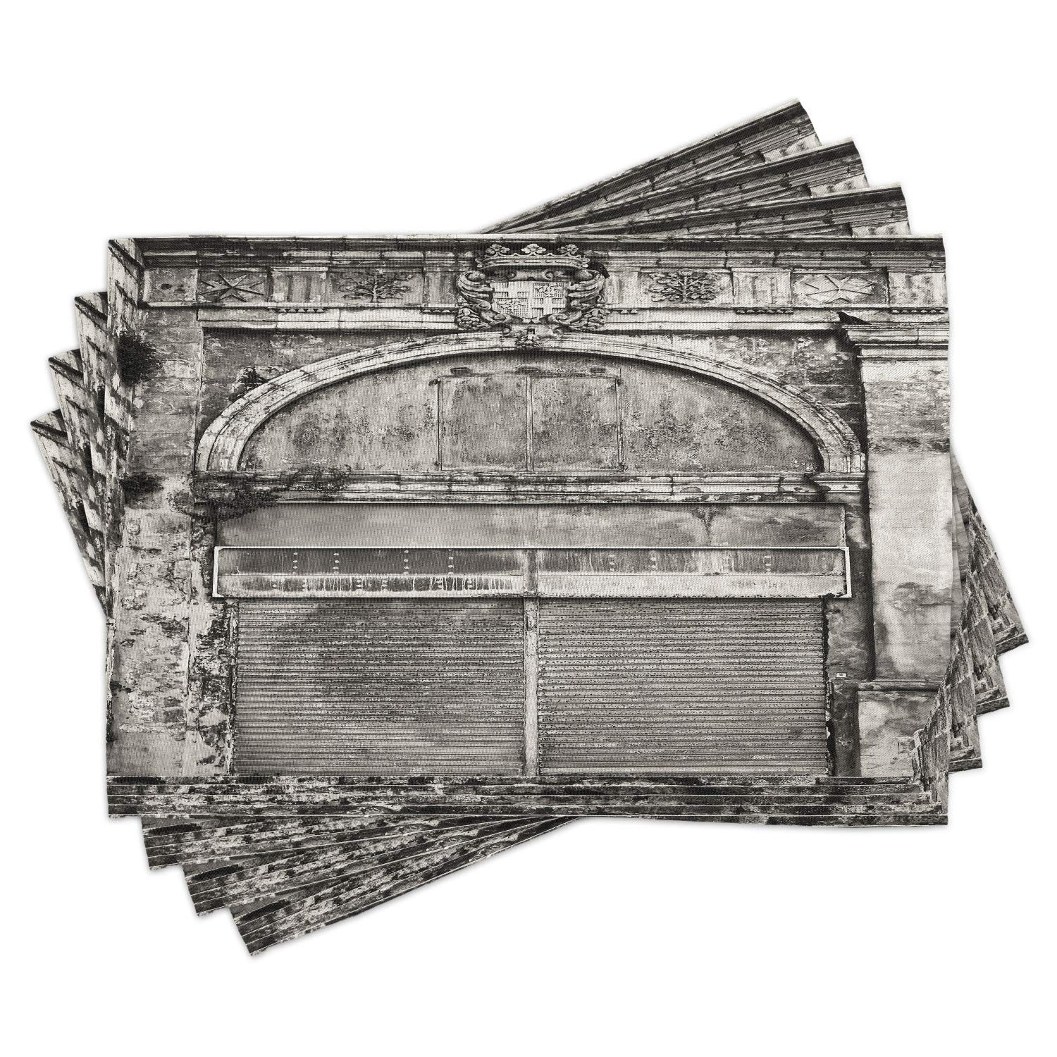 Ambesonne Rustic Place Mats Set of 4 - Vintage Storefront Design with Jalousie & Medieval Touch, Washable Fabric Table Mats for Dining Room & Kitchen Decor (Grey) | Perfect for Farmhouse, Vintage & Historic Theme Dining Settings