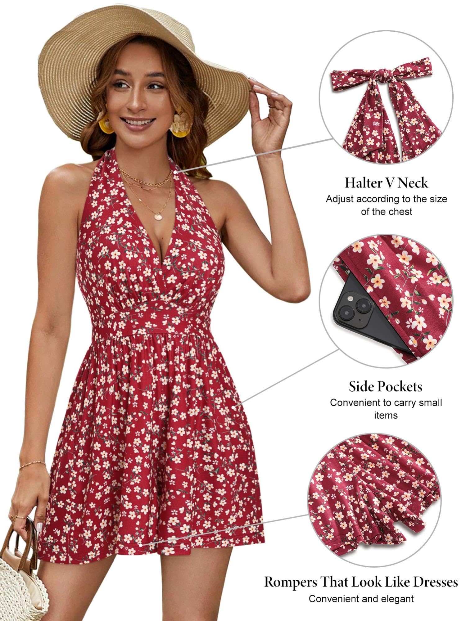 HUHOT Women's Casual Halter V-Neck Backless Romper Dress - Sexy Summer Beach Outfit with Pockets | Perfect for Vacations, Pool Parties & Night Out 2025