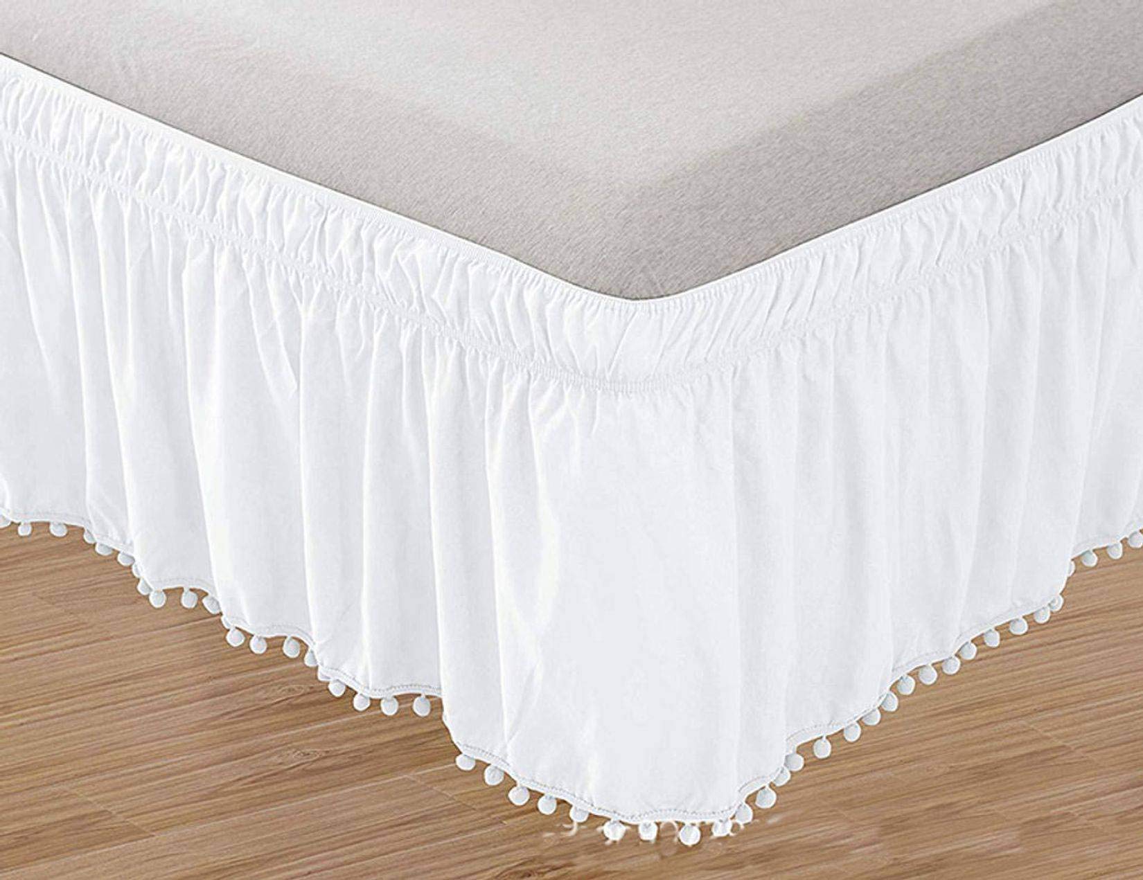Elastic Tassel Pompom Bed Skirt - Breathable, Wrinkle & Fade Resistant, Easy On/Off - White (200x220+40cm) Full Size | Perfect for Guest Rooms, Master Bedrooms & Airbnb Styling