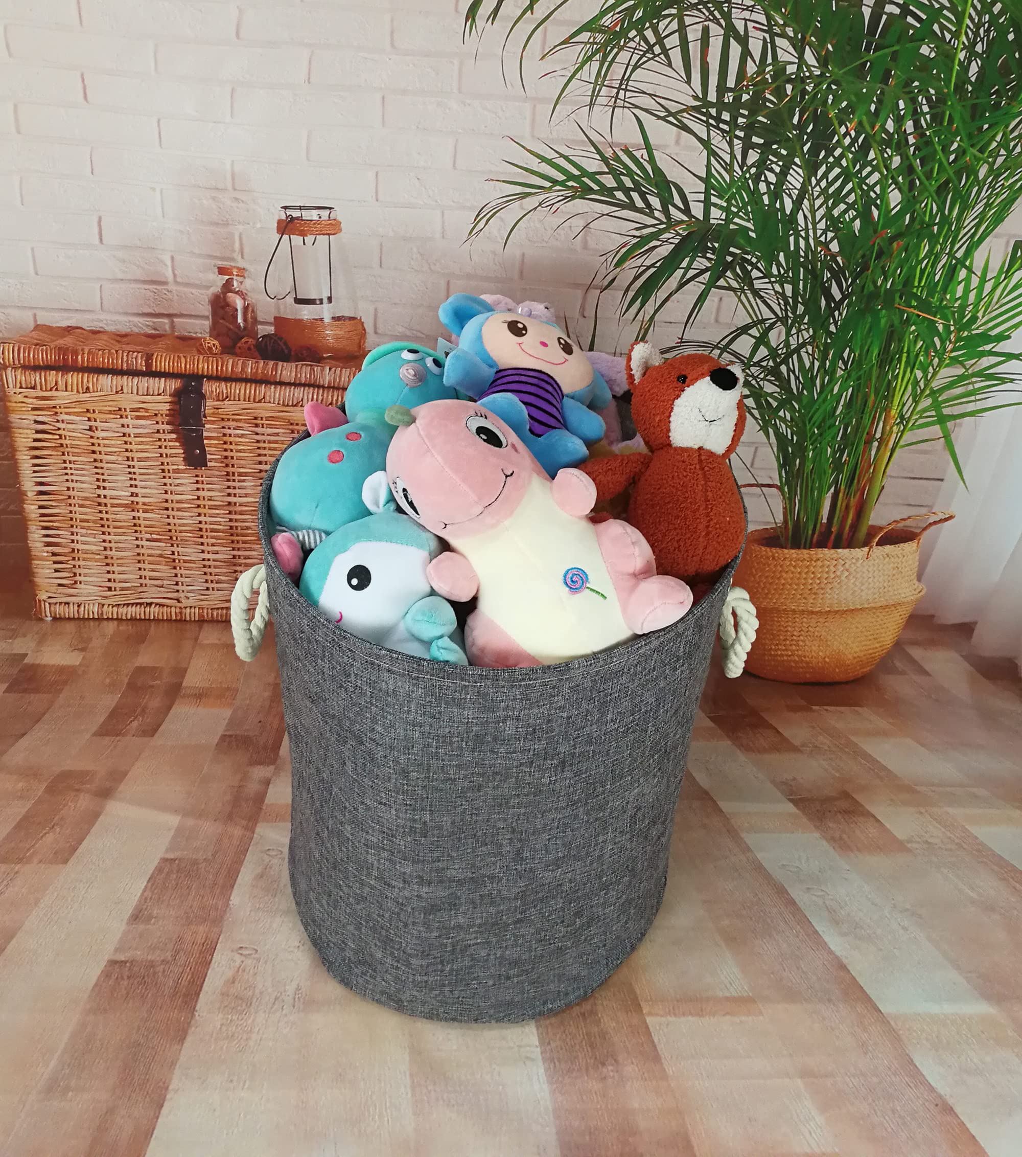 Waterproof Canvas Round Laundry Basket with Handles - Large Clothes Hamper for Kids Room, Nursery Toy Storage & Organization - Cute Cartoon Design (Grey) - Perfect for Baby Clothes, Toys & Home Organization