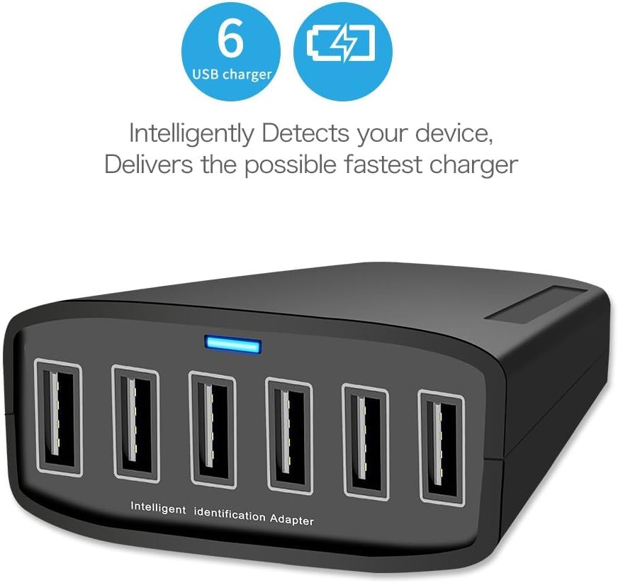 60W 6-Port USB Desktop Charger Station - Fast Charging Hub for iPhone 15/14/13, iPad Air, Samsung Galaxy, Tablets & More - Perfect for Home, Office & Travel Use