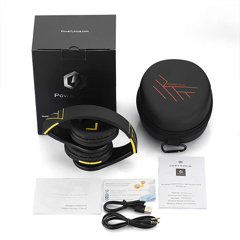 PowerLocus Bluetooth Over-Ear Headphones - Wireless & Wired Stereo Headset with Built-in Mic, Foldable Design, Micro SD/TF & FM Radio - Compatible with iPhone, Samsung, iPad, PC (Black/Yellow) - Perfect for Travel, Workouts & Home Entertainment