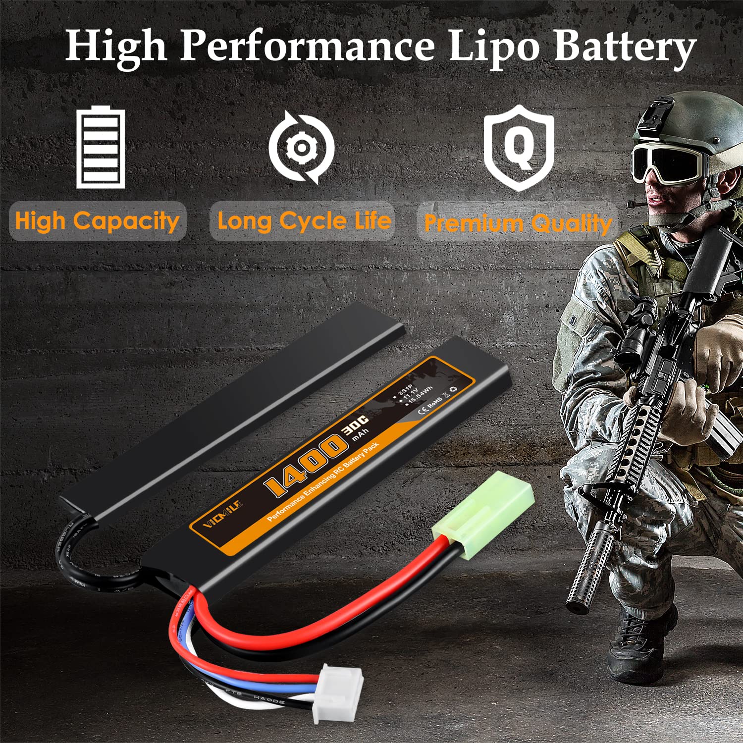 VICMILE 3S 11.1V 1400mAh LiPo Airsoft Battery with Mini Tamiya Plug - 30C High Discharge Rate Rechargeable Battery & Charger - Compatible with Airsoft Guns - Perfect for Airsoft Battles and Training Sessions
