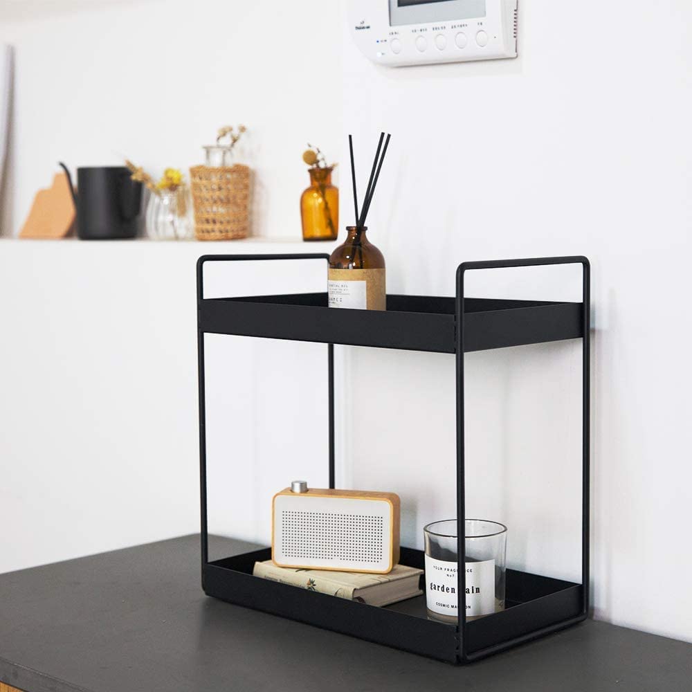 Namani 2-Tier Metal Standing Rack - Bathroom Countertop Organizer, Kitchen Spice Shelf, Dresser Storage Tray | Space-Saving Multi-Purpose Shelf for Cosmetics, Spices & Kitchen Essentials (Black) - Perfect for Small Spaces, Vanity Organization & Pantry Storage