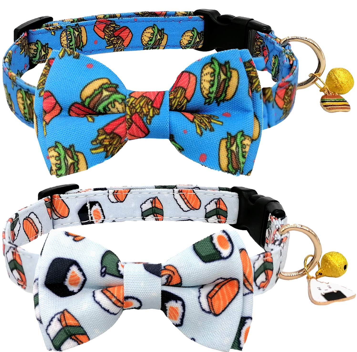 KUDES 2 Pack Adjustable Dog Collars with Bow Tie - Cute Pet Collar Set with Bells & Safety Buckle for Small Medium Large Dogs & Cats - Perfect for Birthday Parties, Halloween Costumes & Daily Walks (Hamburger+Sushi, L 14