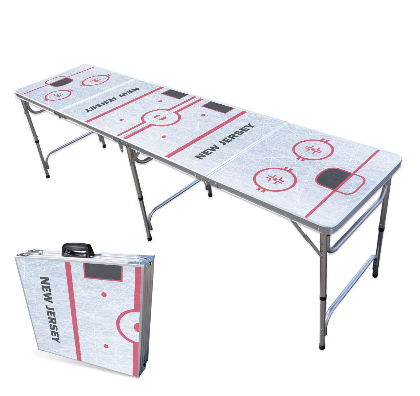8-Foot Folding Portable Beer Pong Table with LED Lights & Optional Cup Holders - Perfect for Parties, Tailgating & Backyard Games (New Jersey Hockey Rink Edition)