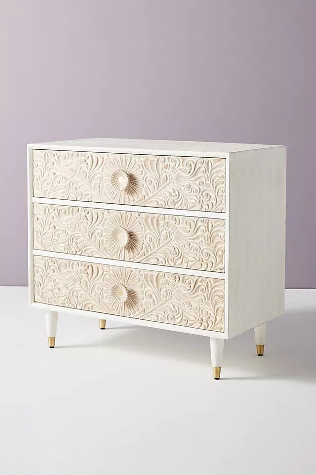 Hand Carved Gulliver Three Drawer Wooden Dresser - Modern Solid Wood Bedroom Chest of Drawers for Storage & Organization | Perfect for Bedroom, Nursery, or Guest Room Furniture