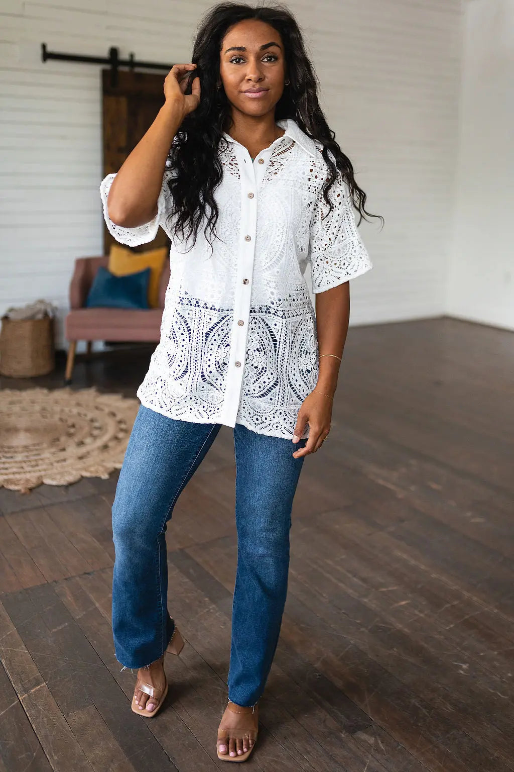 Elegant Lace Button Down Shirt for Women - Boho Chic Blouse with Floral Embroidery | Perfect for Casual Outings, Date Nights & Office Wear