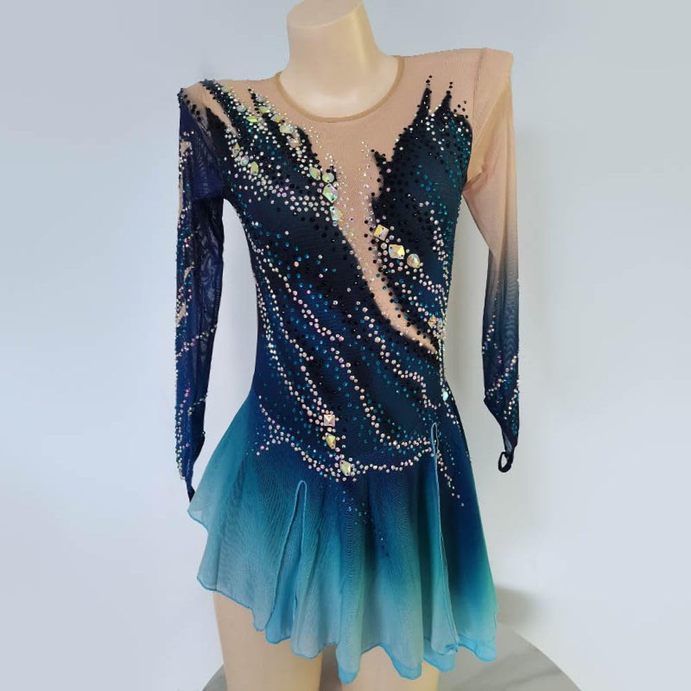LIUHUO Figure Skating Skirts for Kids & Adults - Performance Costume with Gradient Color Finger Sleeves | Ice Skating Competition & Practice Wear