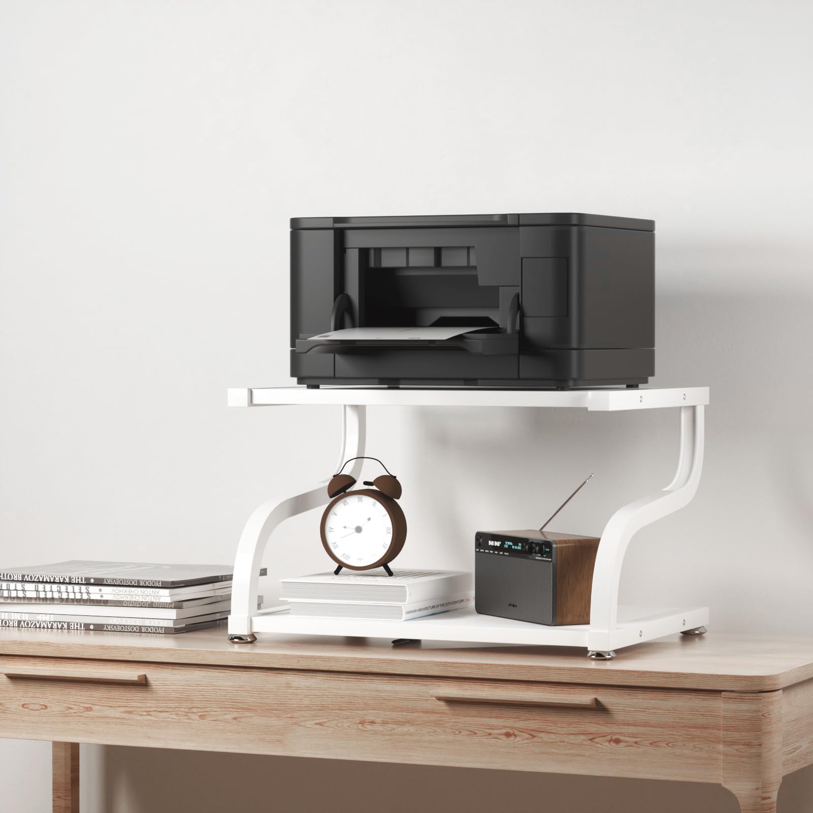 2-Tier Heavy Duty Wooden Printer Stand with Storage - Anti-Slip Desktop Shelf Organizer for Home & Office Workspace - Perfect for Printer, Scanner, and Office Supplies Organization (White)