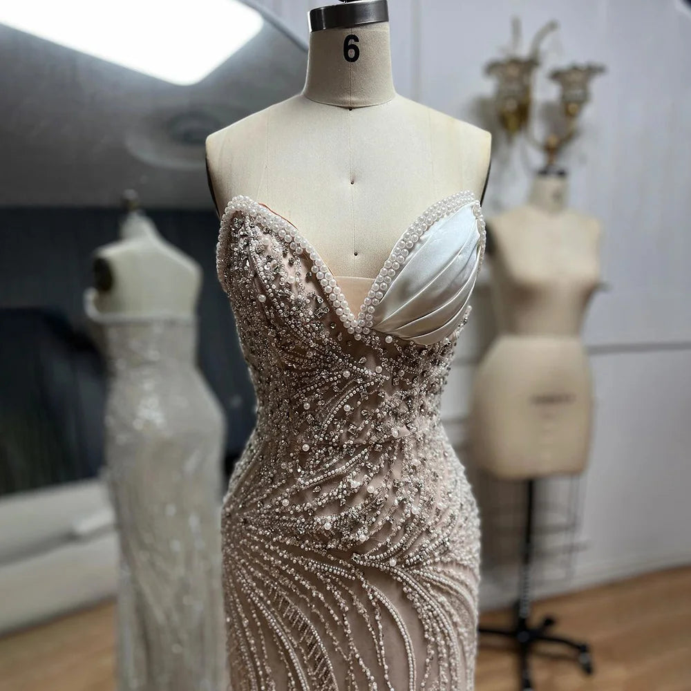 Luxury Dubai Arabic White Nude Mermaid Gown with Pearl Beading - Elegant Saudi Evening Dress for Formal Events & Special Occasions | Perfect for Weddings, Galas and Red Carpet Events