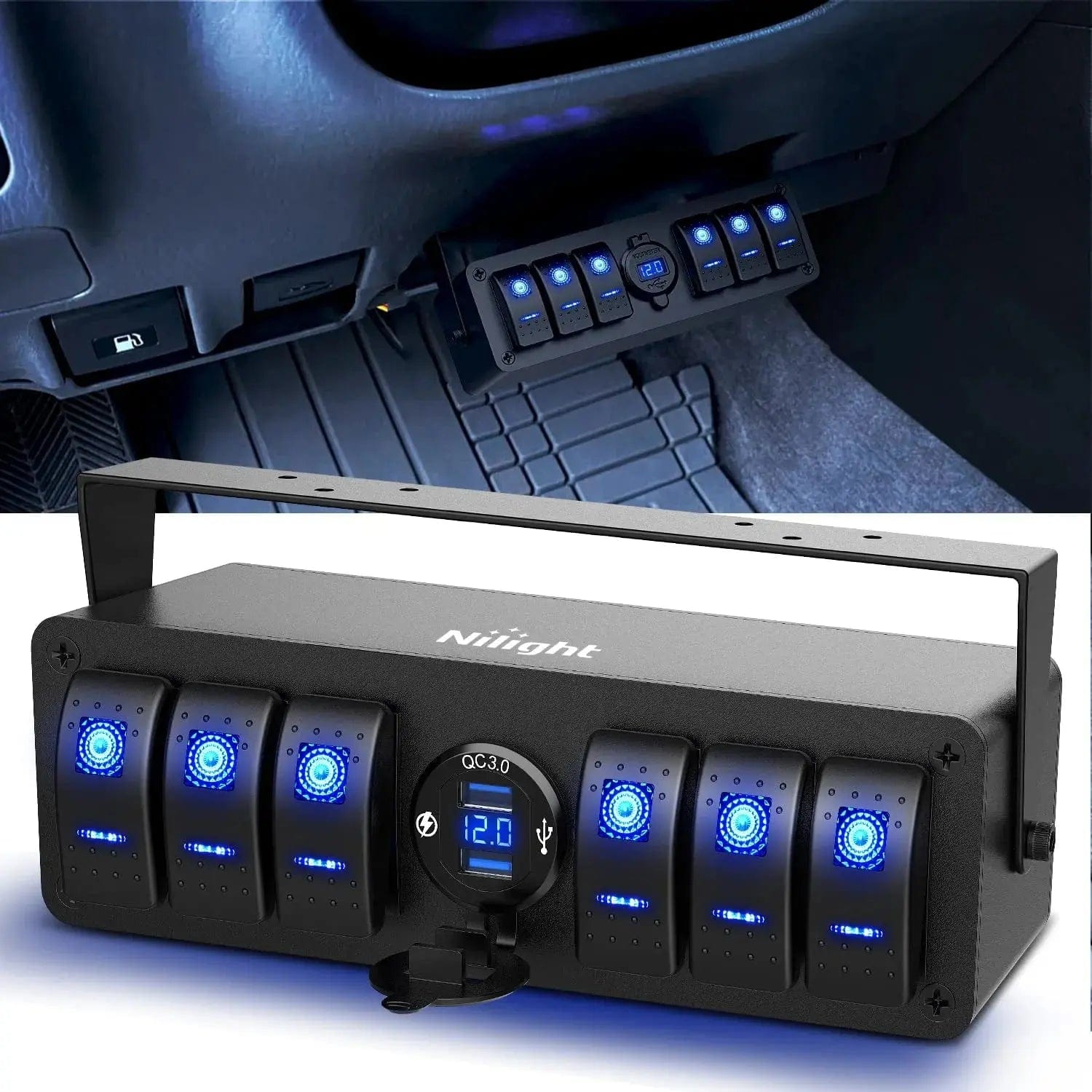 6 Gang Aluminum Rocker Switch Panel with QC 3.0 Dual USB Charger & Voltmeter - Perfect for Marine, RV, Truck, and Boat Electrical Systems