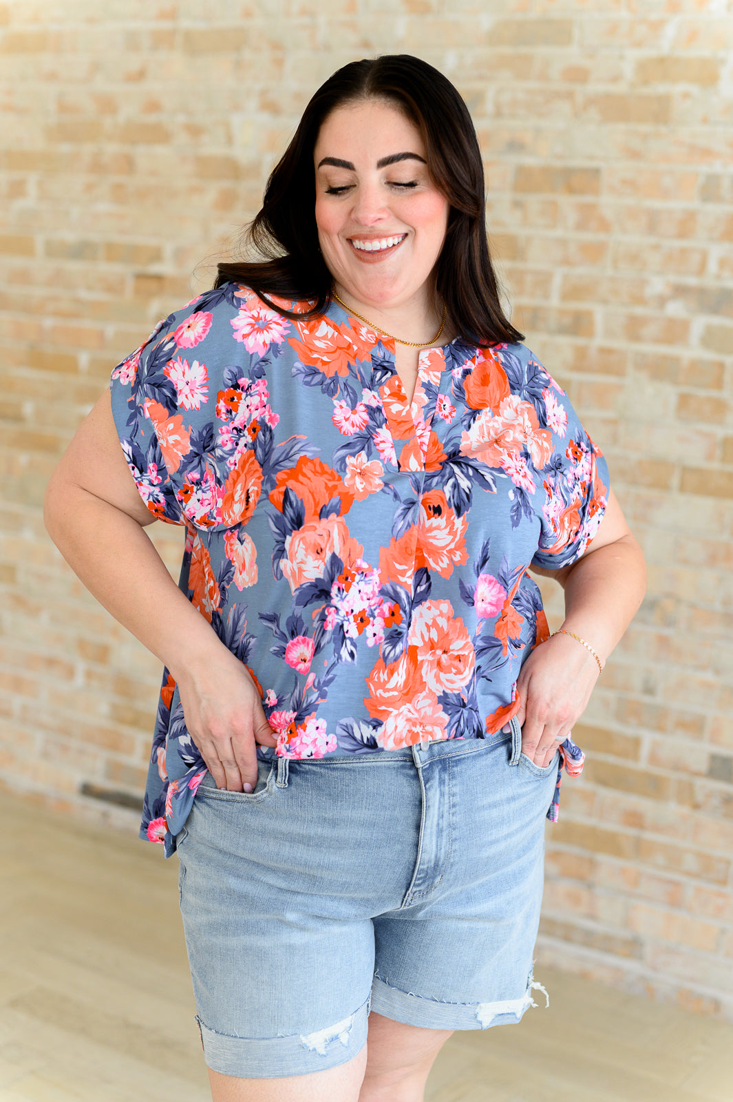Lizzy Cap Sleeve Blouse - Dusty Blue & Coral Rose Floral Print Women's Tops for Casual Wear, Office Outfits & Summer Fashion