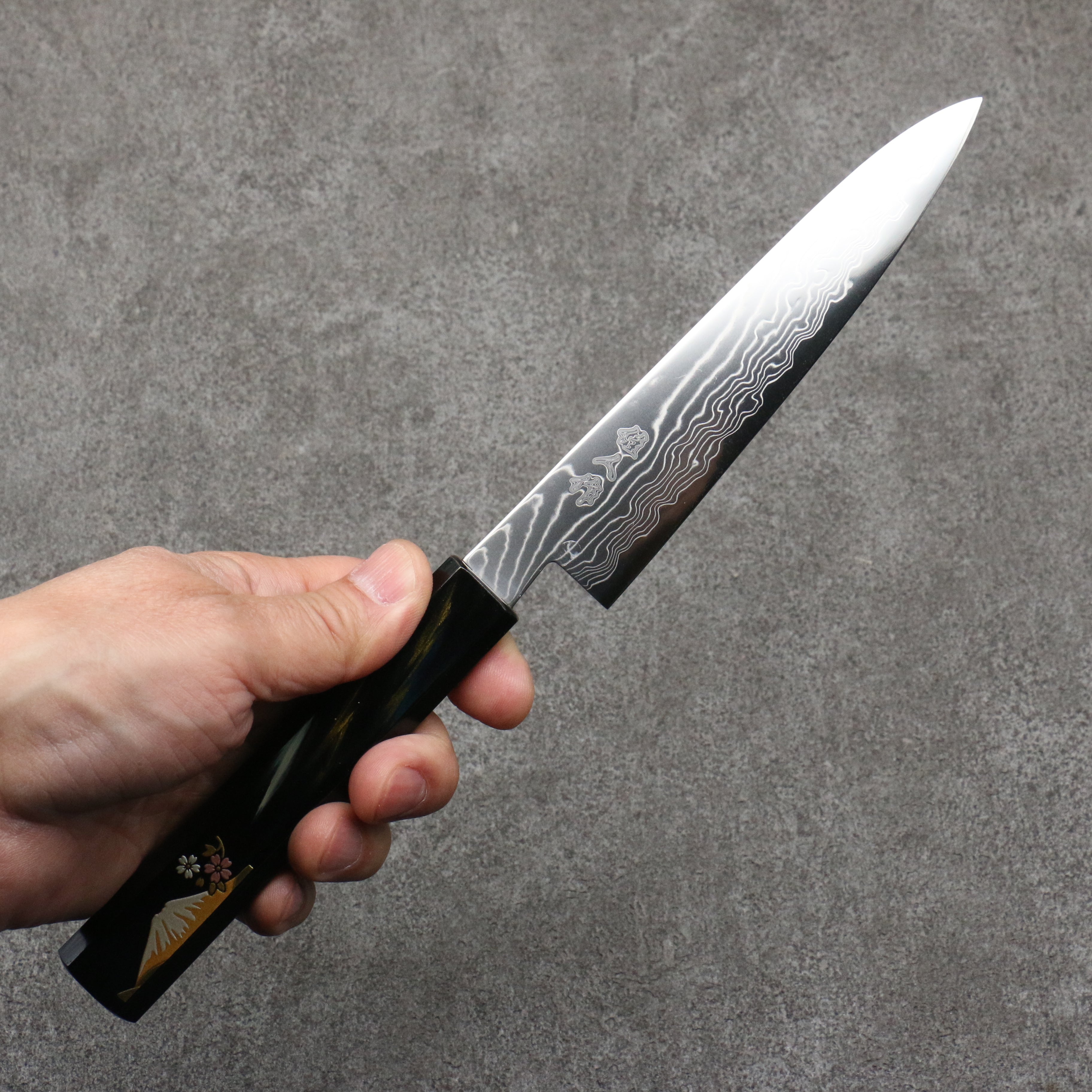 Premium Kajin Cobalt Special Steel Damascus Petty Knife 135mm - Dark Blue & Gold Blade with Fuji Lacquered Handle - Perfect for Sushi, Vegetables & Precision Kitchen Tasks