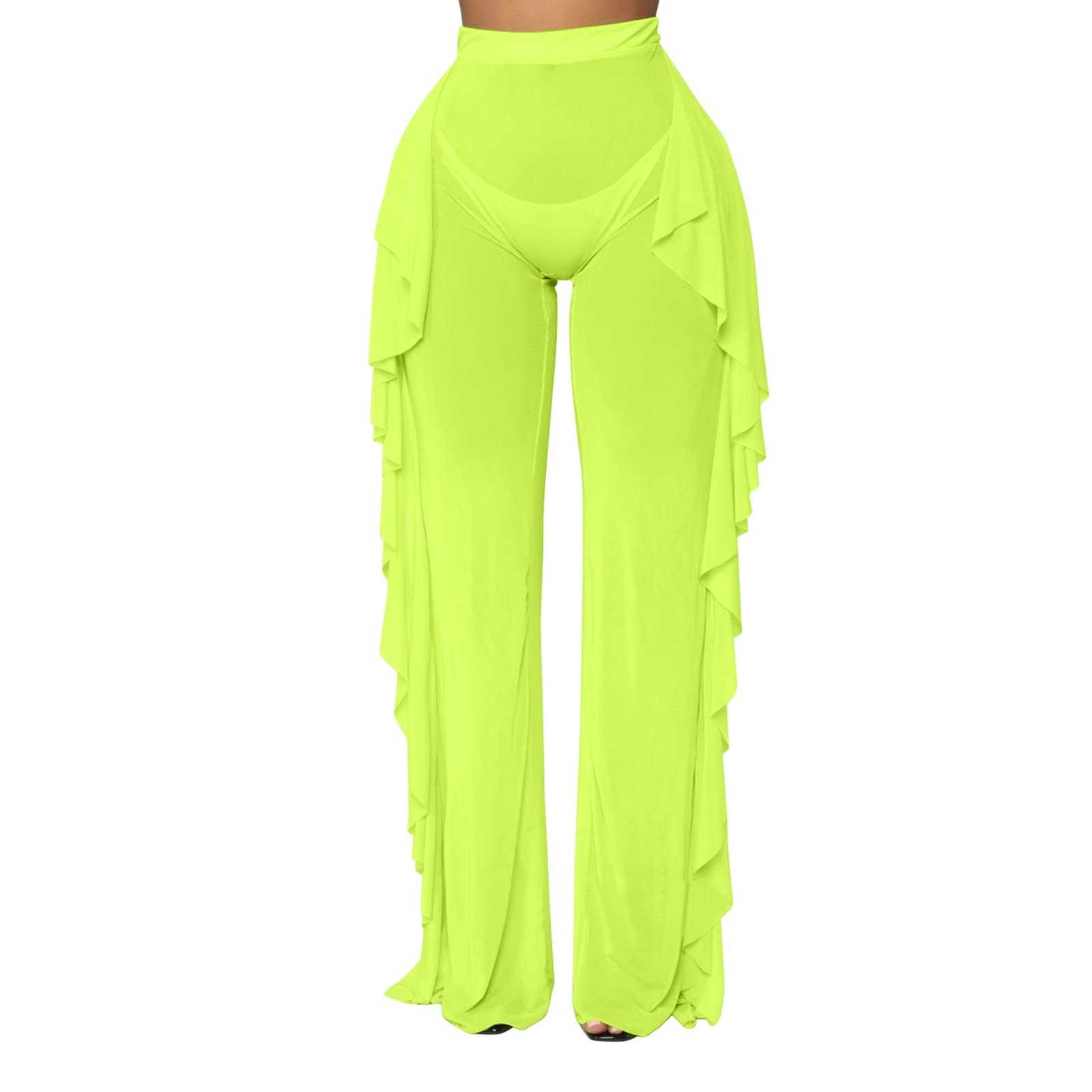 mmknlrm Women's Mesh Ruffle Trim Cover Up Pants - Lightweight Beach Wrap Bikini Cover Up, Casual Shiny Lounge Pants for Women | Perfect for Poolside, Vacation & Summer Outfits