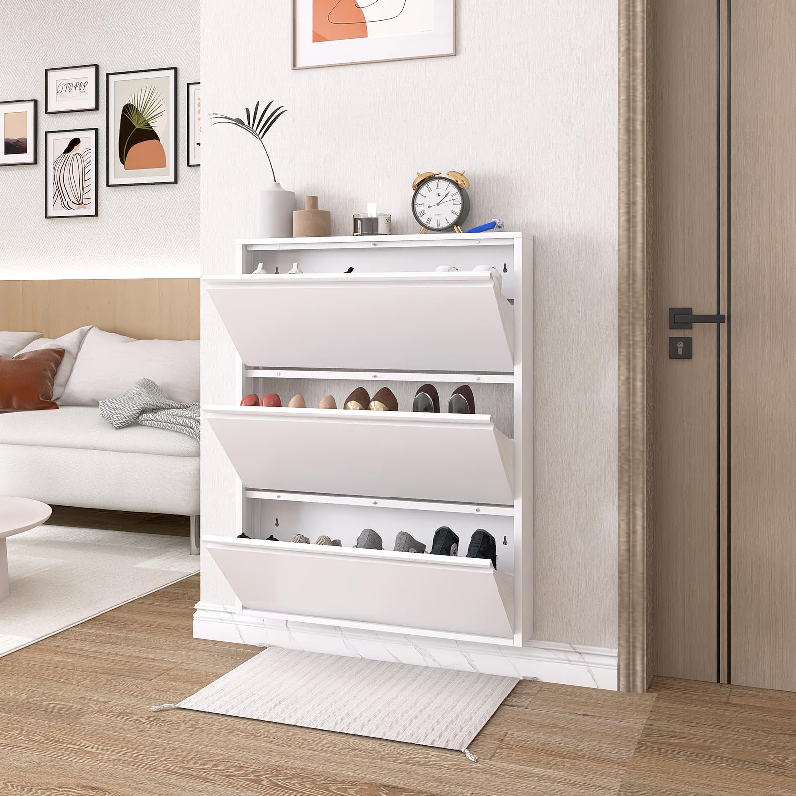 LucyPal 3-Tier Flip Drawers Shoe Storage Cabinet - Narrow Freestanding Shoe Organizer for Entryway, Hallway, Bedroom & Apartment - White Metal Shoe Rack (43