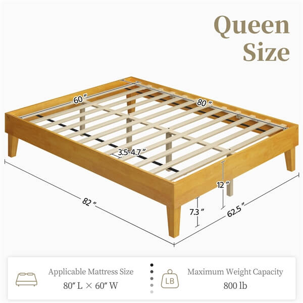 Yaheetech Solid Wood Bed Frame with Sturdy Plywood Slats - Queen Size Platform Bed for Bedroom, Guest Room & Dorm - Easy Assembly & Noise-Free Design