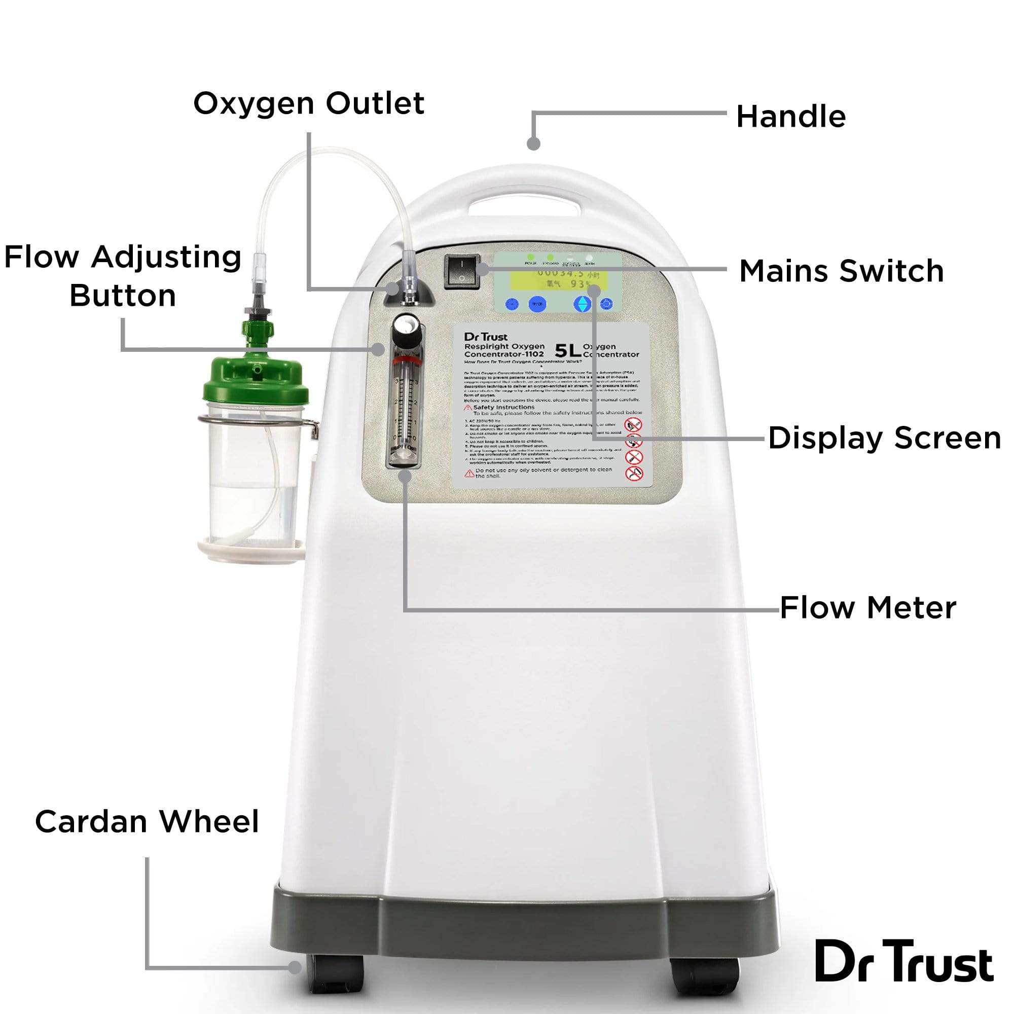 Dr Trust USA 5L Oxygen Concentrator for Home Use - Portable Medical Oxygen Machine with Adjustable Flow - Ideal for COPD, Sleep Apnea & Respiratory Therapy