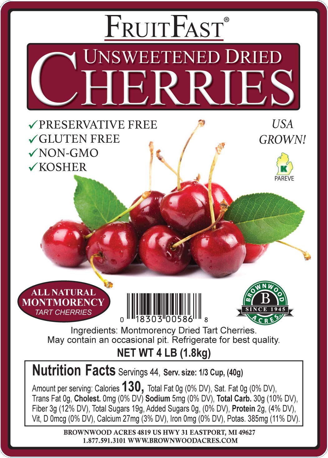 Brownwood Acres Unsweetened Dried Cherries - Non-GMO, Gluten Free, Kosher Certified All Natural Healthy Snack - No Added Sugars, Oils or Fillers - Pure Michigan Cherries (4 Pound) - Perfect for Baking, Trail Mix & Healthy Snacking