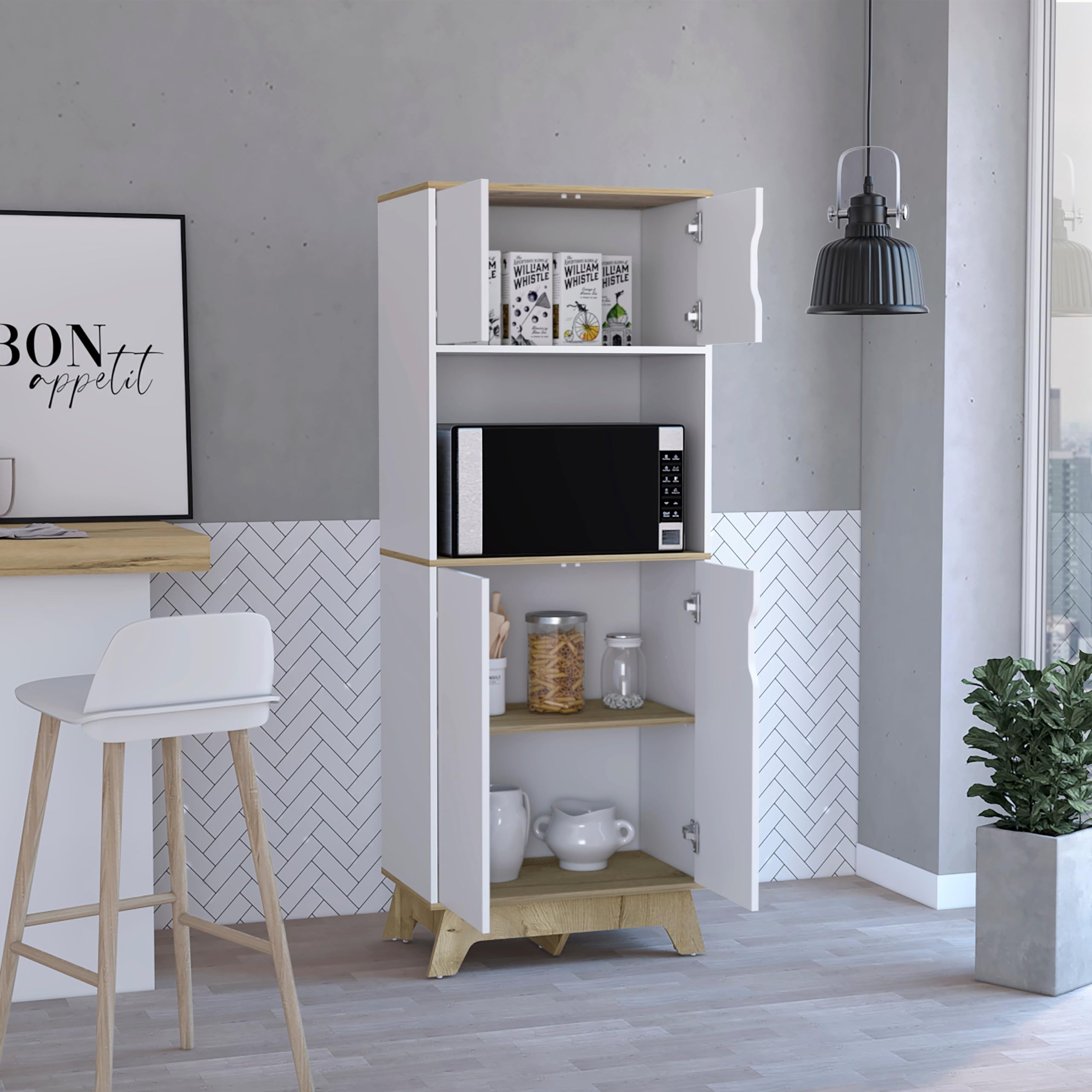 Tuhome Pamplona Microwave Tall Cabinet with Double Doors - Light Oak/White Finish - Perfect for Kitchen Storage & Countertop Organization