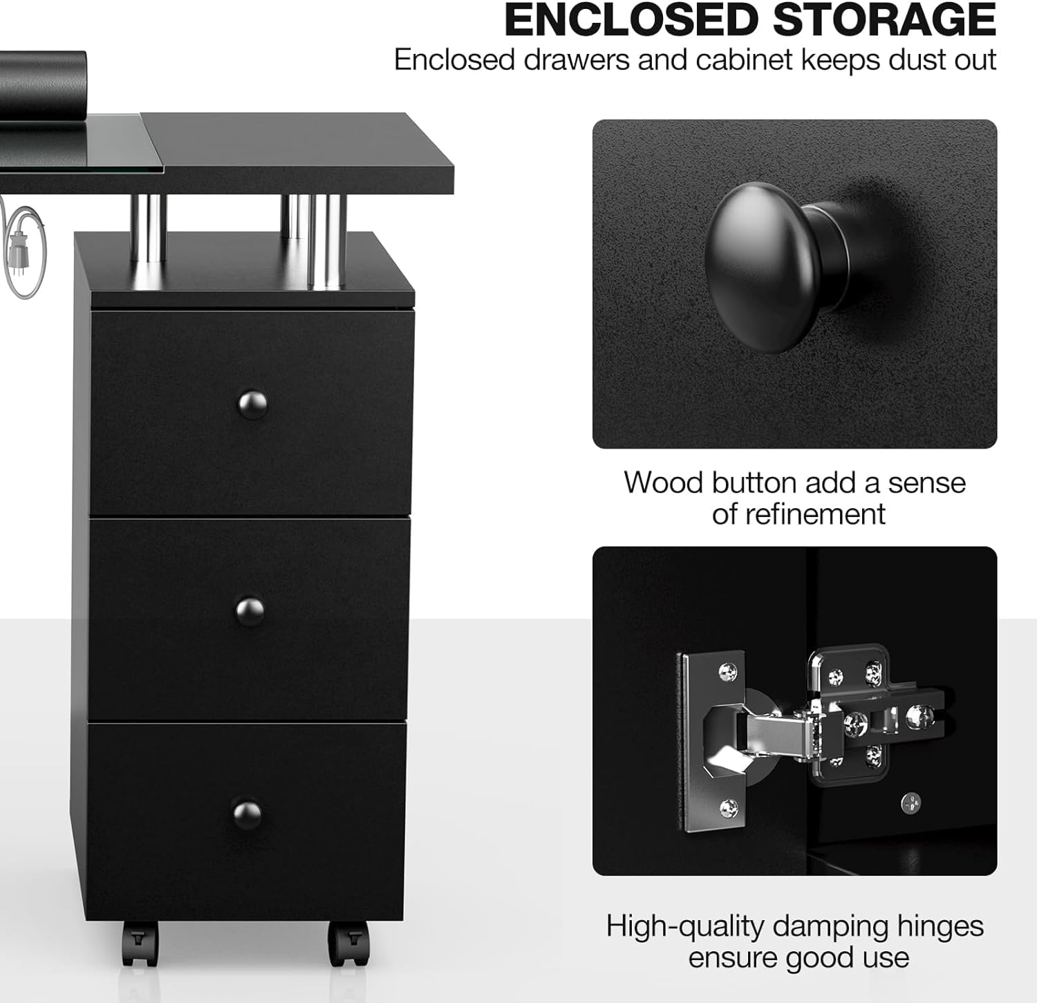 Professional Manicure Table with Glass Top - Electric Downdraft Ventilation, Wrist Cushion, Lockable Wheels & Storage Drawers - Perfect for Nail Salons, Home Studios & Mobile Nail Technicians (Black-Glass Design)