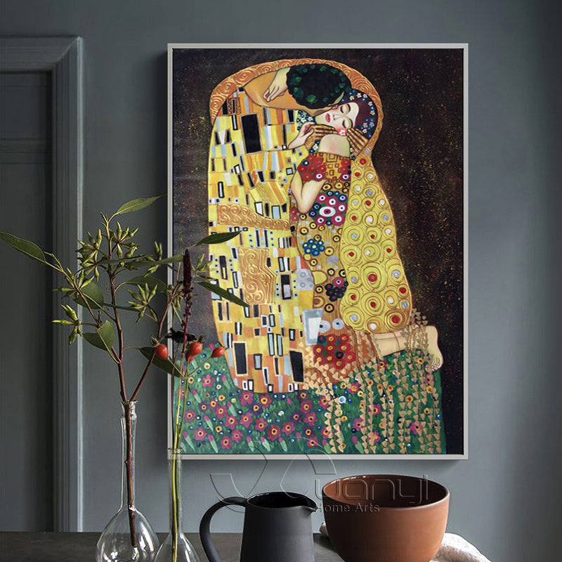 Hand Painted Gustav Klimt The Kiss Reproduction Canvas Wall Art - Modern Abstract Oil Painting for Living Room Decor, Bedroom, Office | Frameless Ready-to-Hang Home Decoration
