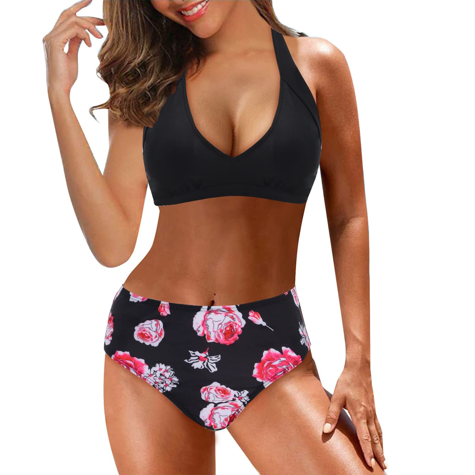 Women's High Waisted Bikini Set - Floral Print 2 Piece Swimwear for Teen Girls | Black Beach Bathing Suit for Pool, Vacation & Summer Outfits