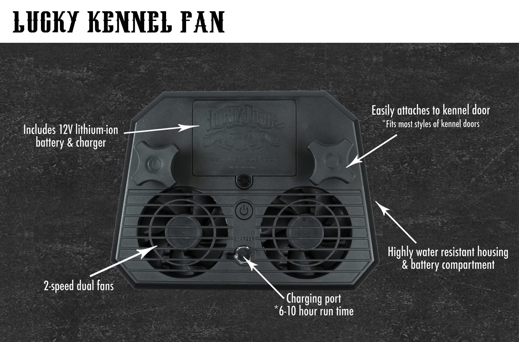 Lucky Duck Universal Dog Kennel Fan - Portable Cooling Fan for Pet Crates, Travel & Outdoor Use - Quiet & Energy Efficient for Dogs & Small Animals - Perfect for Home, Car & Camping Trips
