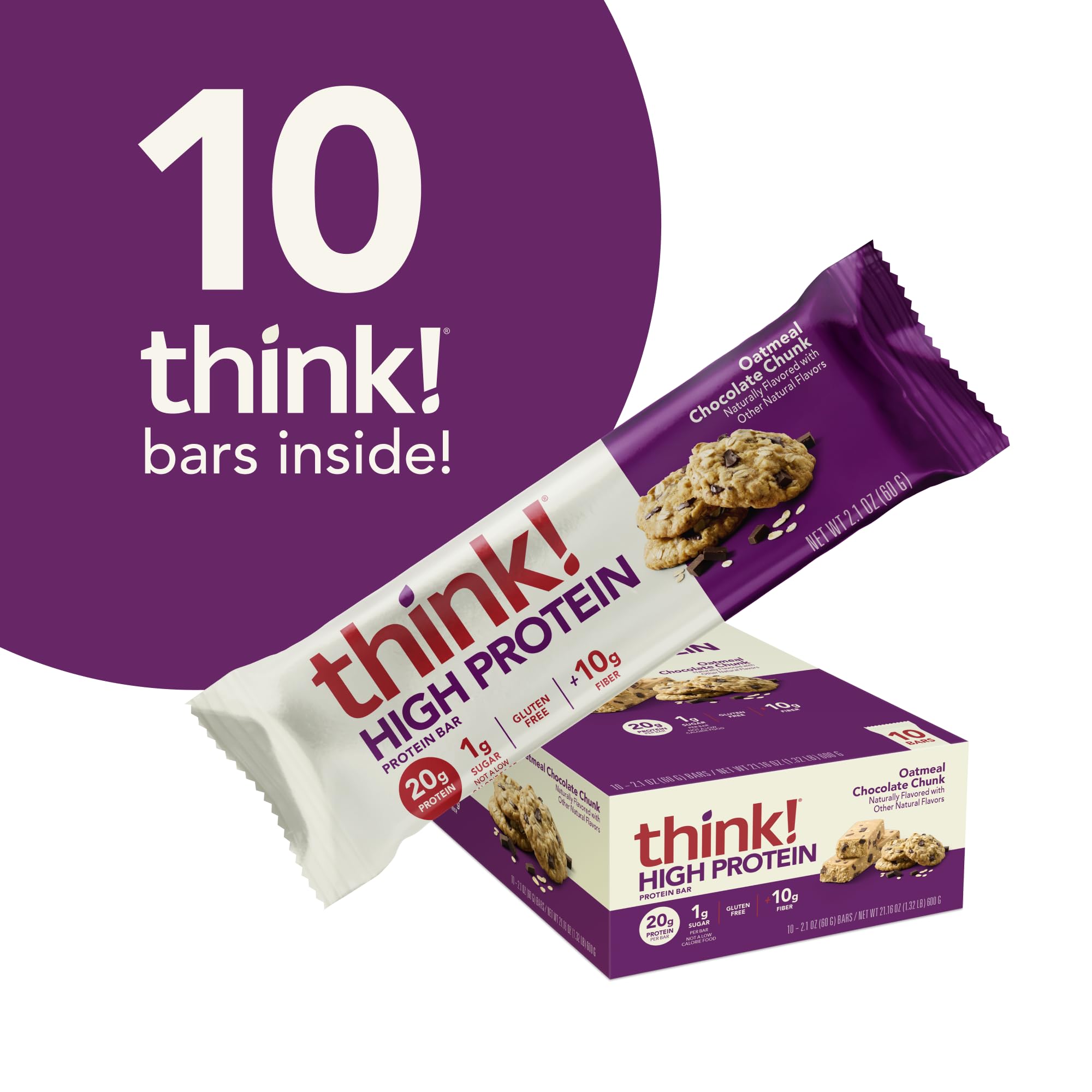 Think! Protein Bars - High Protein Snacks, Gluten Free, High Fiber, Oatmeal Chocolate Chunk (10 Count) | Perfect for Workout Recovery, Healthy On-the-Go Snacking & Weight Management