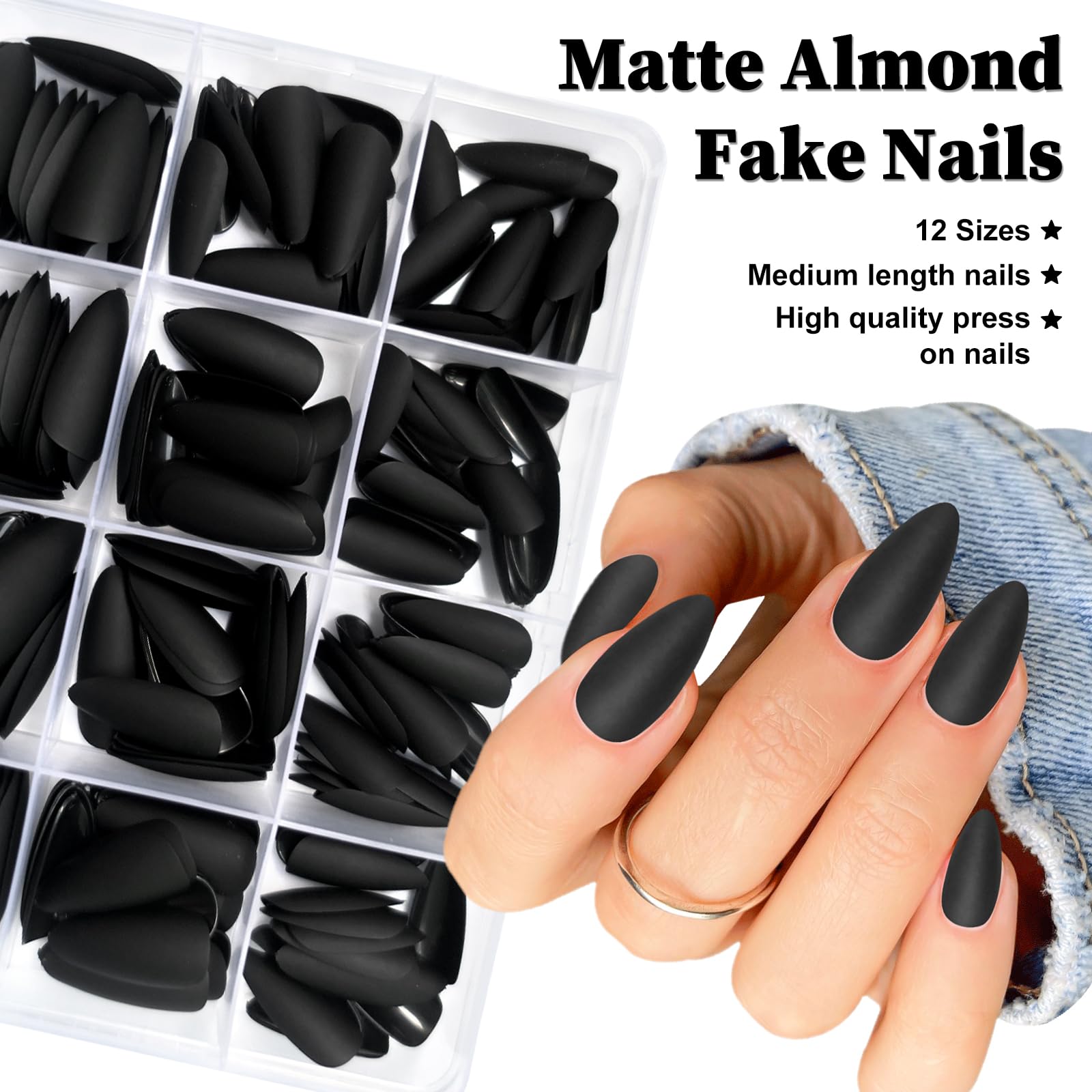240PC Matte Black Almond Press On Nails - Medium Length Fake Nails with Nail Glue & Adhesive Tabs | Short Stiletto False Nail Tips for Women | Perfect for Parties, Weddings & Everyday Wear