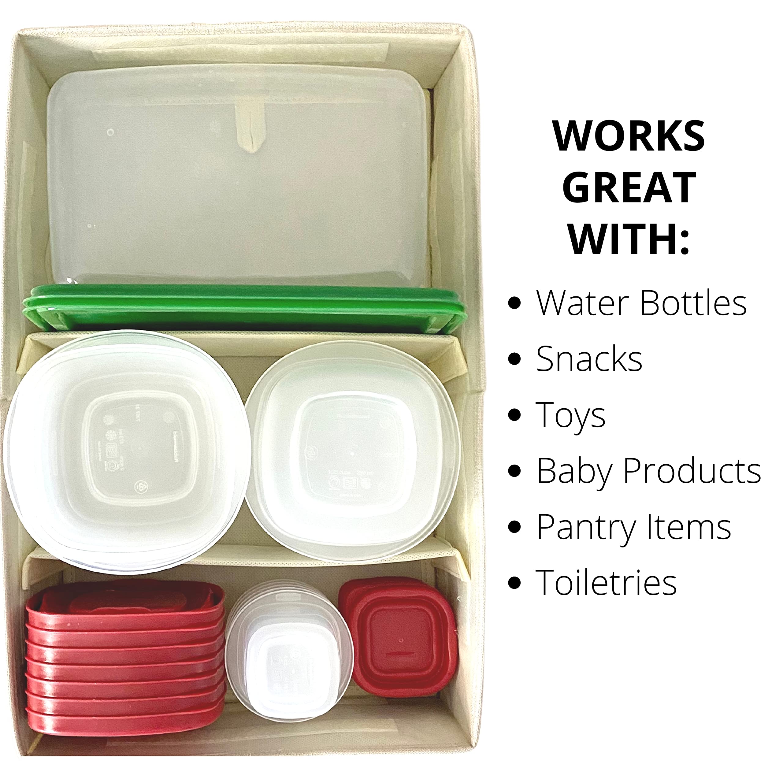 Food Storage Container Organizer Box - Adjustable Foldable Cloth Drawer Organizer for Rubbermaid & Glad Containers with Lids | Perfect Kitchen Storage Solution for Pantry, Fridge & Cabinet Organization