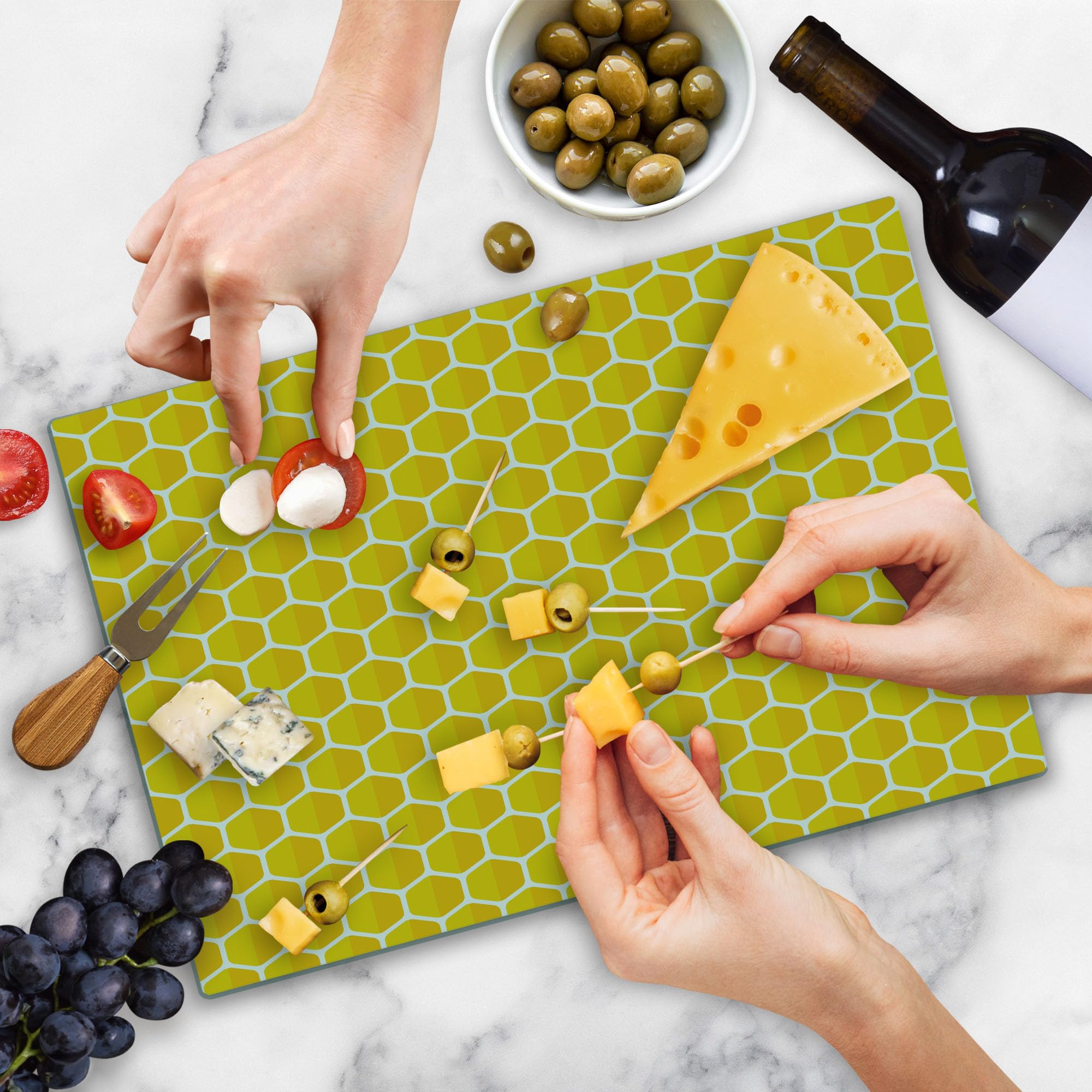 Ambesonne Bee Cutting Board - Honeycomb Glass Serving Board for Kitchen & Dining