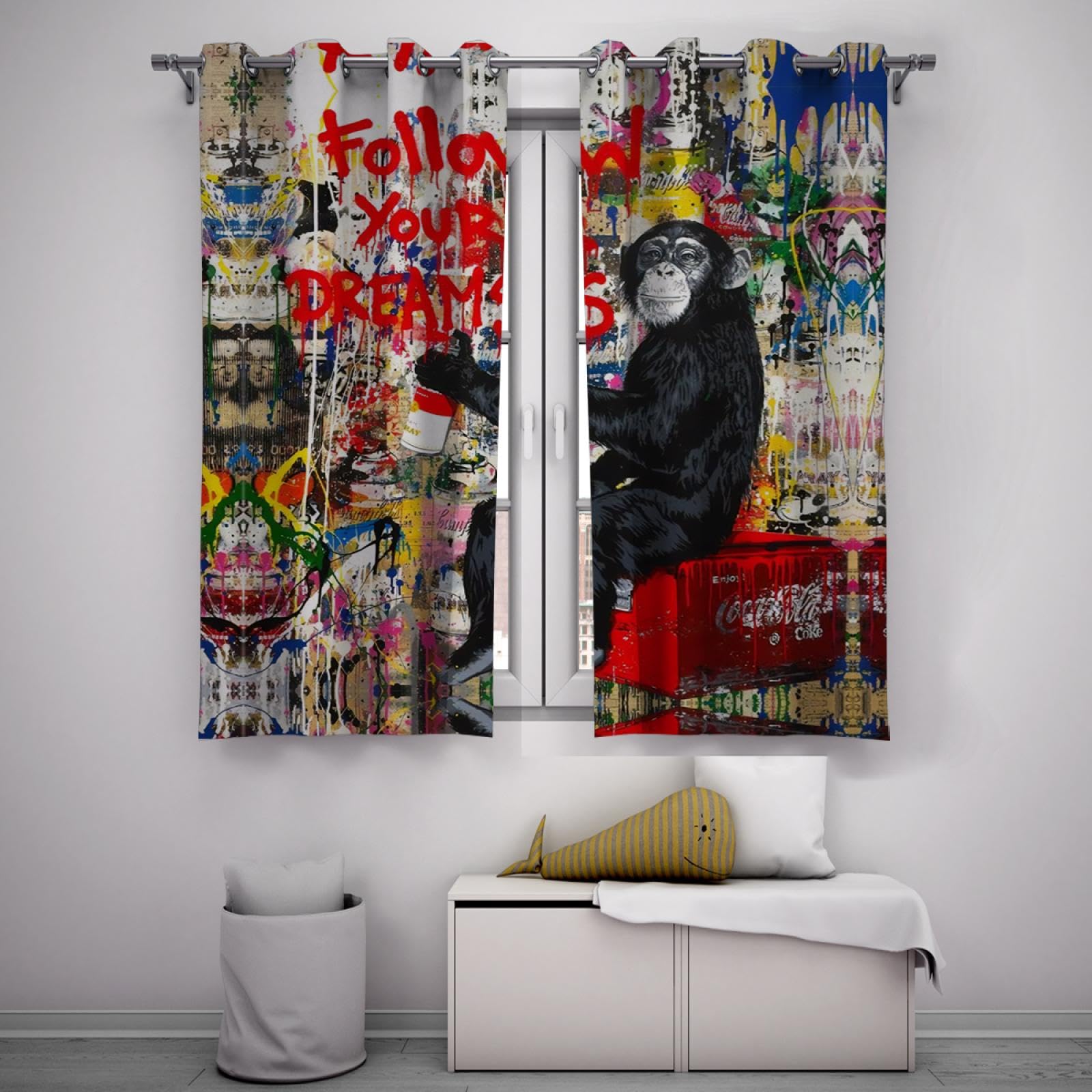 Banksy Street Art Blackout Curtains Set of 2 Panels - 60x84 Inches, Energy Efficient Room Darkening Window Treatment for Bedroom, Living Room & Nursery (Graffiti Inspired Design) | Perfect for Light Sleepers, Home Theaters & Baby Nurseries