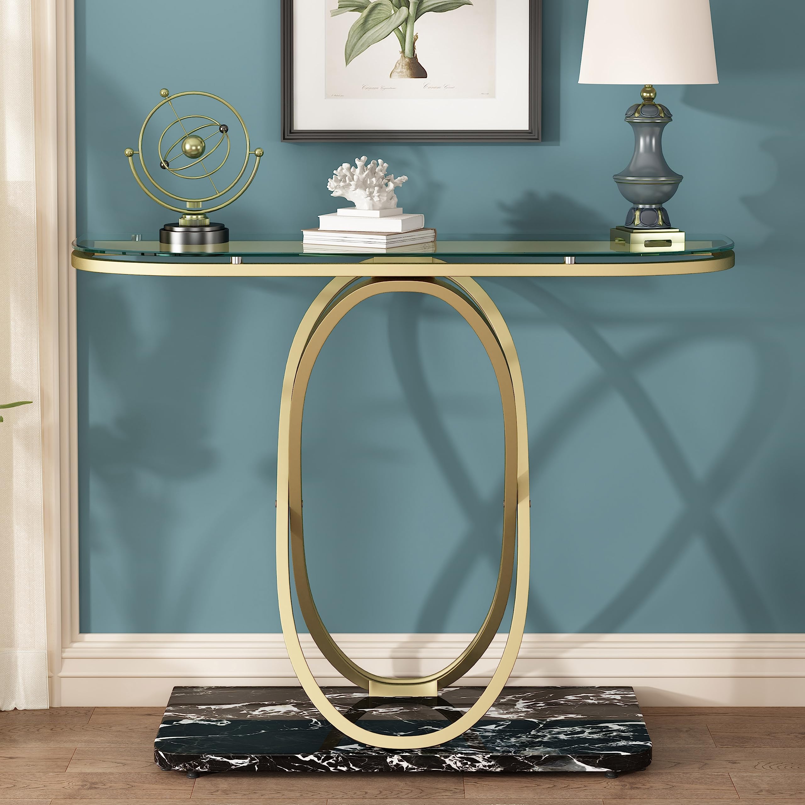 O&K FURNITURE Modern Gold Console Table with Glass Top & Faux Marble Base - Elegant Entryway Sofa Table for Living Room, Hallway or Entrance - Perfect for Home Decor, Small Space Furniture & Luxury Interior Design