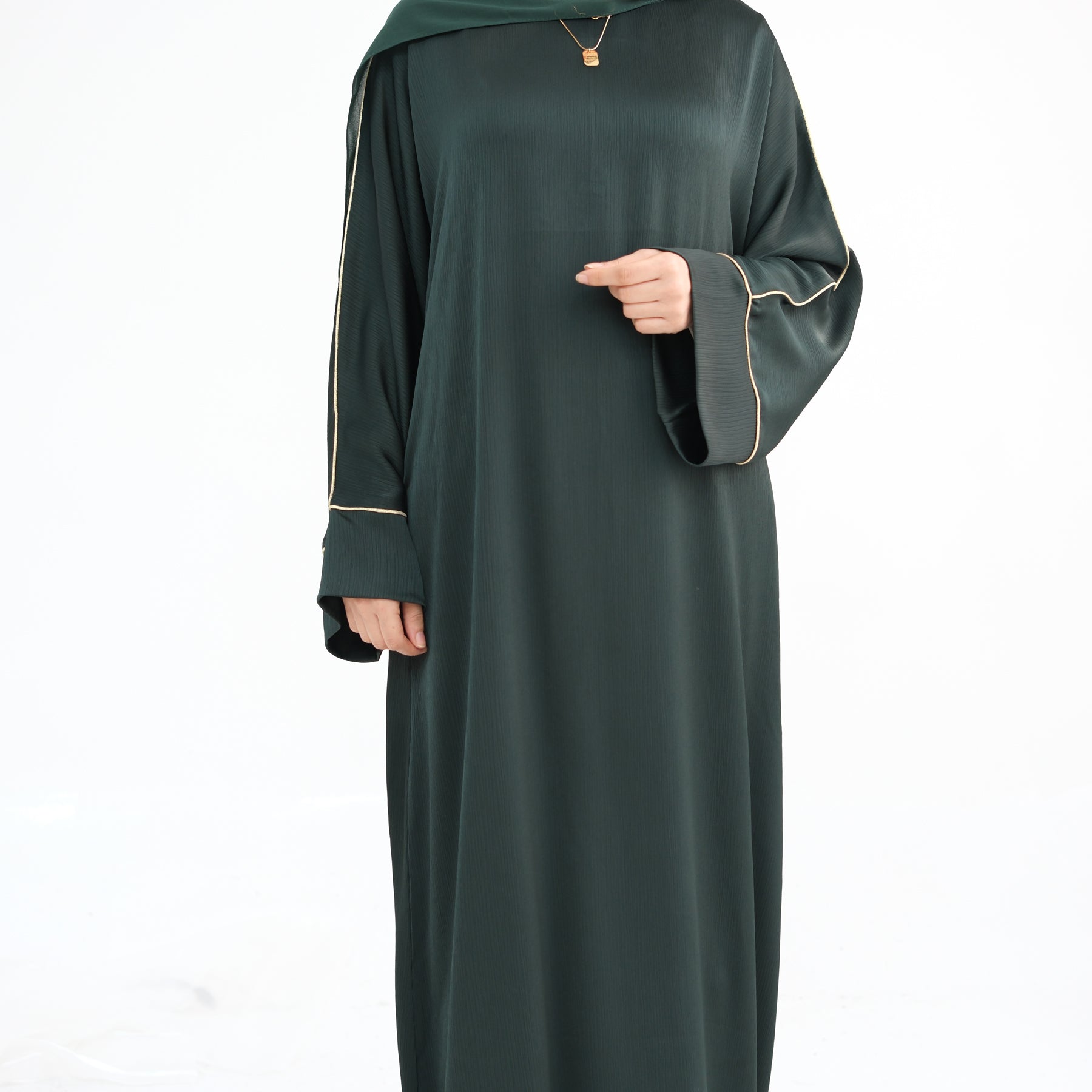 Stylish Ayana Textured Piping Detail Abaya Dress - Green | Modest Islamic Fashion for Women | Perfect for Prayer, Mosque & Special Occasions