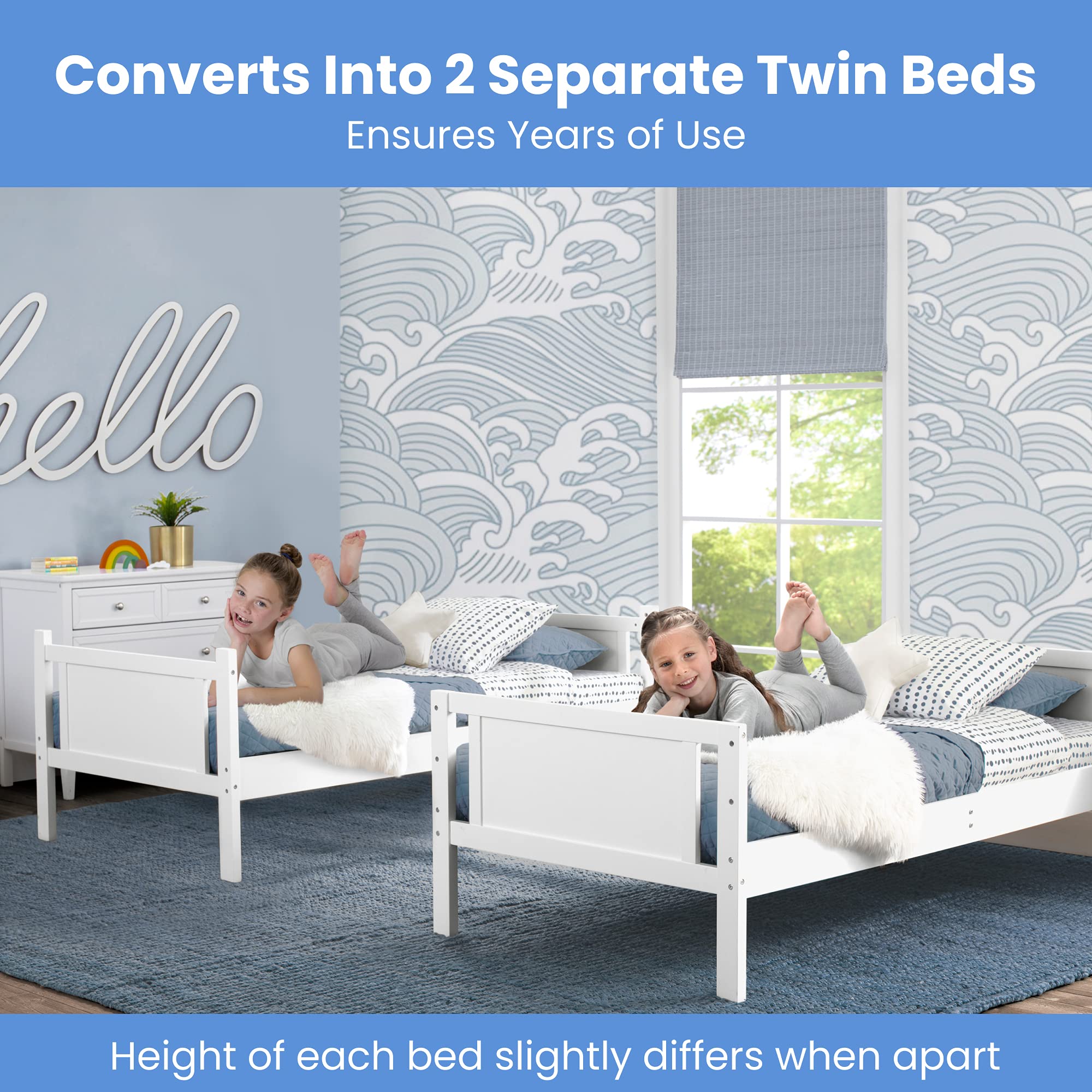 Delta Children White Convertible Twin Over Twin Wood Bunk Bed with Ladder & Guardrails - Converts to 2 Standalone Twin Beds - Sturdy & Safe Kids Bedroom Furniture for Small Spaces - Ships in 2 Boxes | Perfect for Shared Kids Rooms, Sleepovers & Space-Saving Solutions