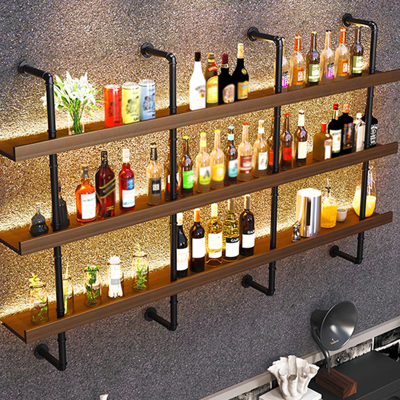 Premium Solid Wood Wall Mounted Wine Rack with LED Lights - 55