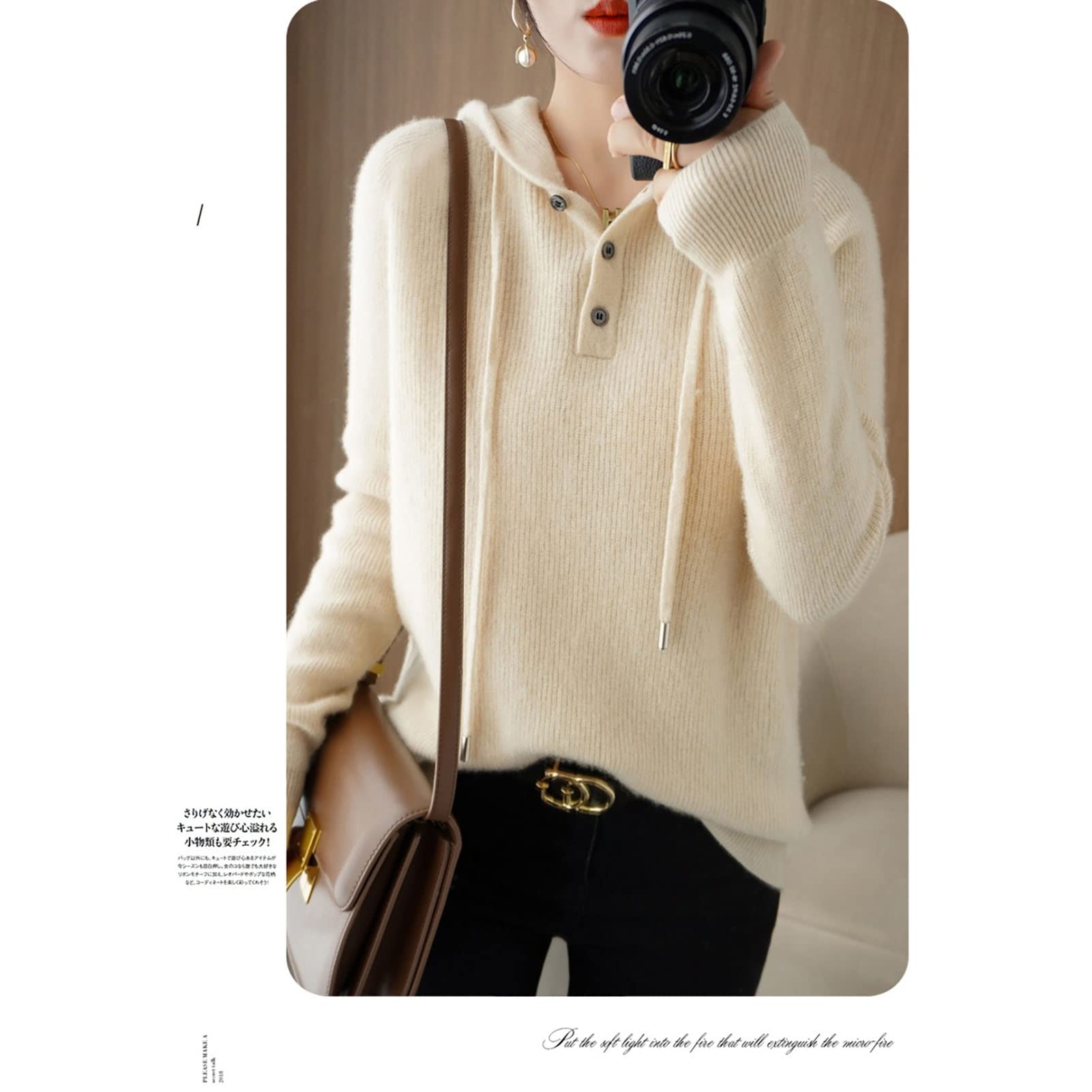 Women's Wool Hoodie - Soft Casual Long Sleeve Pullover Sweatshirt, Loose Fit Solid Color Top (Beige, Small) | Perfect for Fall Layering, Outdoor Activities & Cozy Home Wear