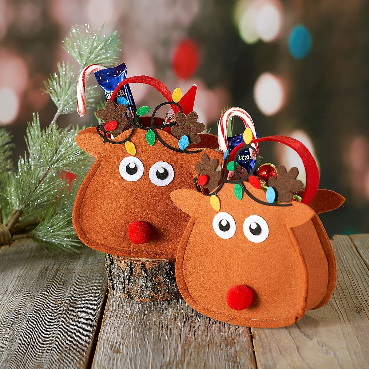 6-Pack Reindeer Felt Christmas Treat Bags for Kids - 5.25