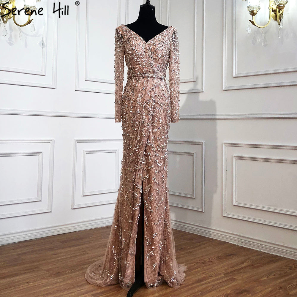 Elegant V-Neck Mermaid Evening Dress with Pearls & Beading - Long Sleeve Luxury Formal Gown for Women | Wedding, Party, Prom & Special Occasions