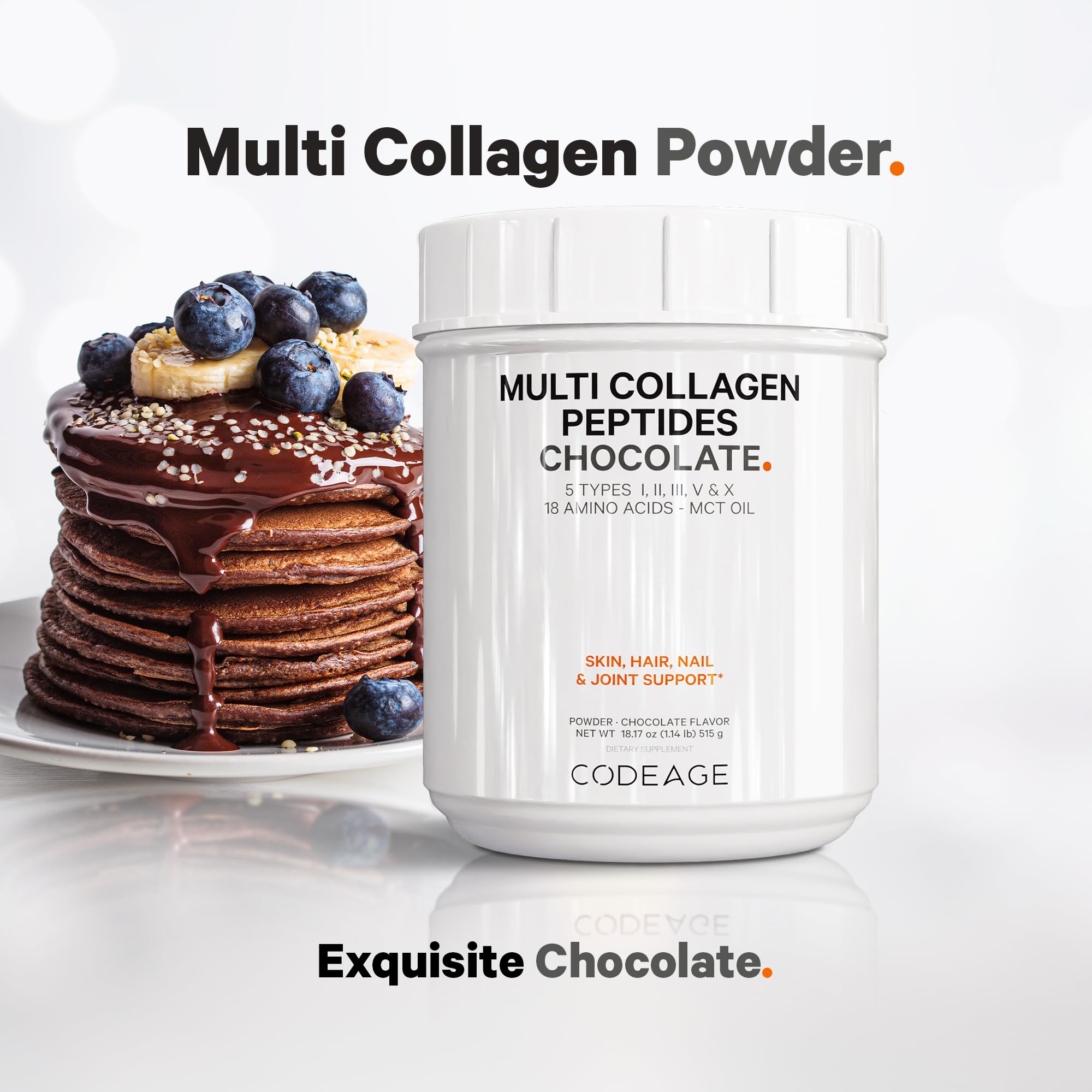 Codeage Multi Collagen Chocolate Protein Powder with Hydrolyzed Bovine Collagen Peptides - 5 Collagen Types & MCT Oil - Keto & Paleo Friendly Protein Shake Mix - Non-GMO, Gluten Free Collagen Creamer for Coffee, Smoothies & Baking - 18.17 oz