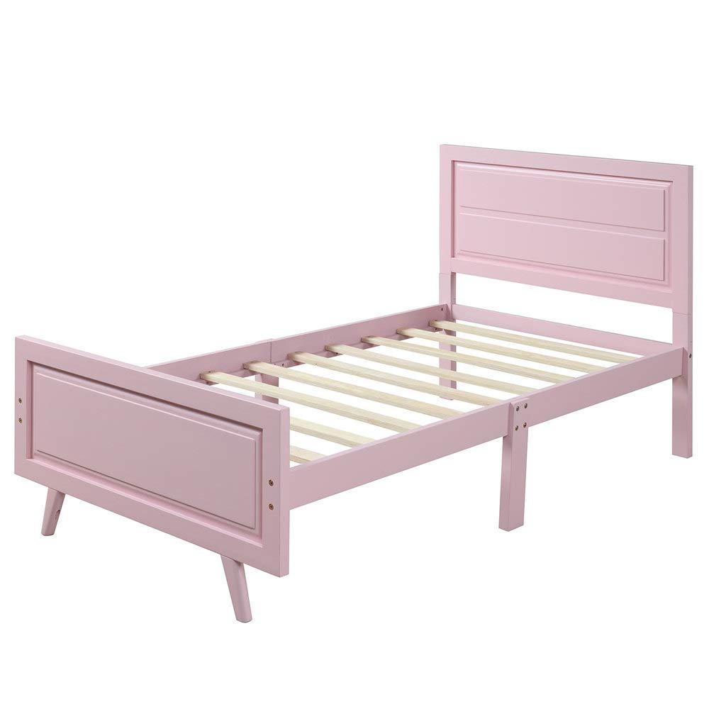 **Solid Wood Twin Bed Frame with Headboard - No Box Spring Needed, Wood Slat Support, Pink - Perfect for Kids' Rooms, Guest Beds & Small Spaces**