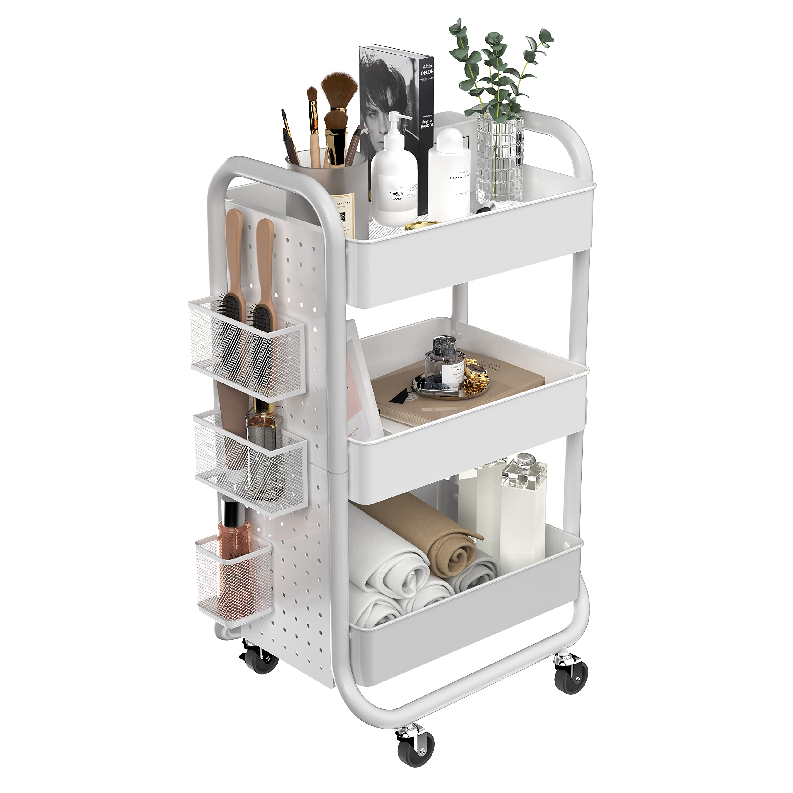 DESIGNA 3-Tier Rolling Utility Cart with Handle - Metal Storage Cart with Removable Pegboard & 3 Accessories - Easy Assembly Organizer for Kitchen, Bathroom, Office, Craft Room - White (Perfect for Home Organization & Mobile Storage Solutions)