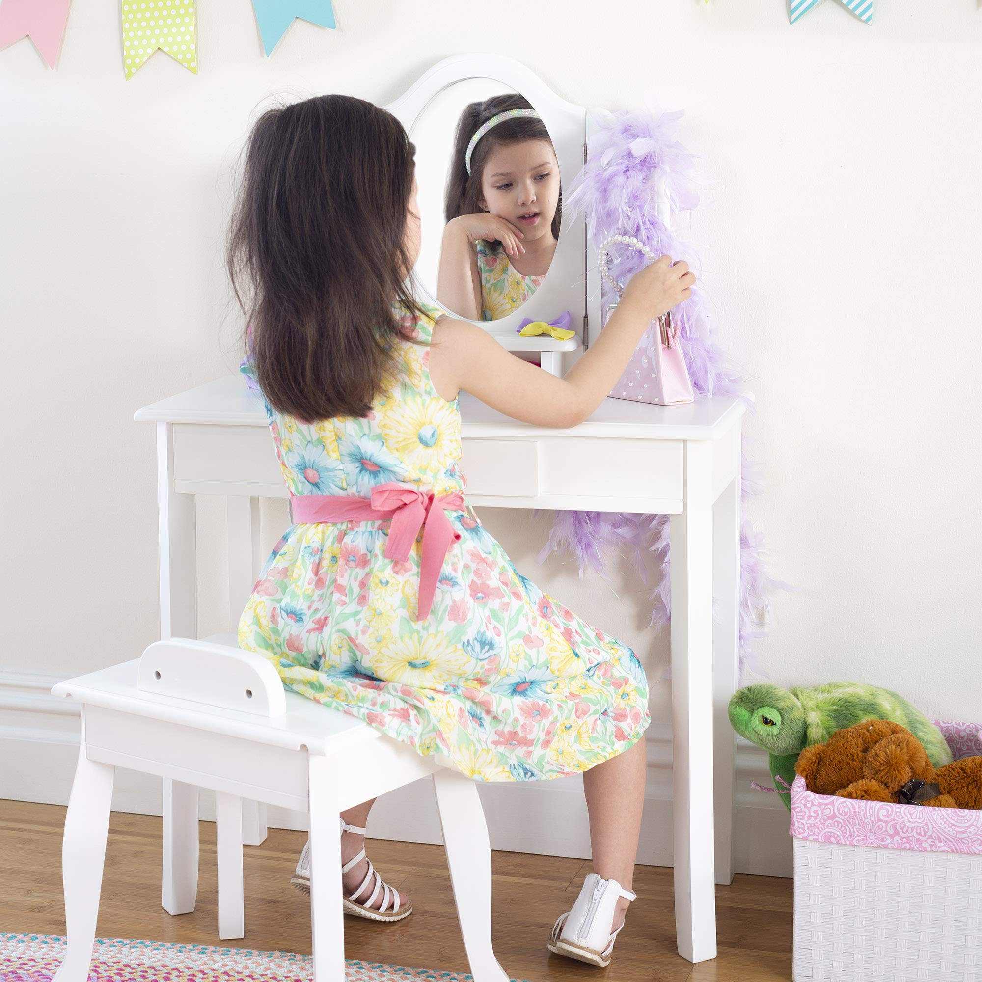 Guidecraft Classic White Kids Vanity and Stool Set - Wooden Pretend Play Makeup Table with Mirror & Storage Drawer for Girls Age 3-8 | Perfect for Bedroom Decor, Birthday Gifts & Imaginative Play