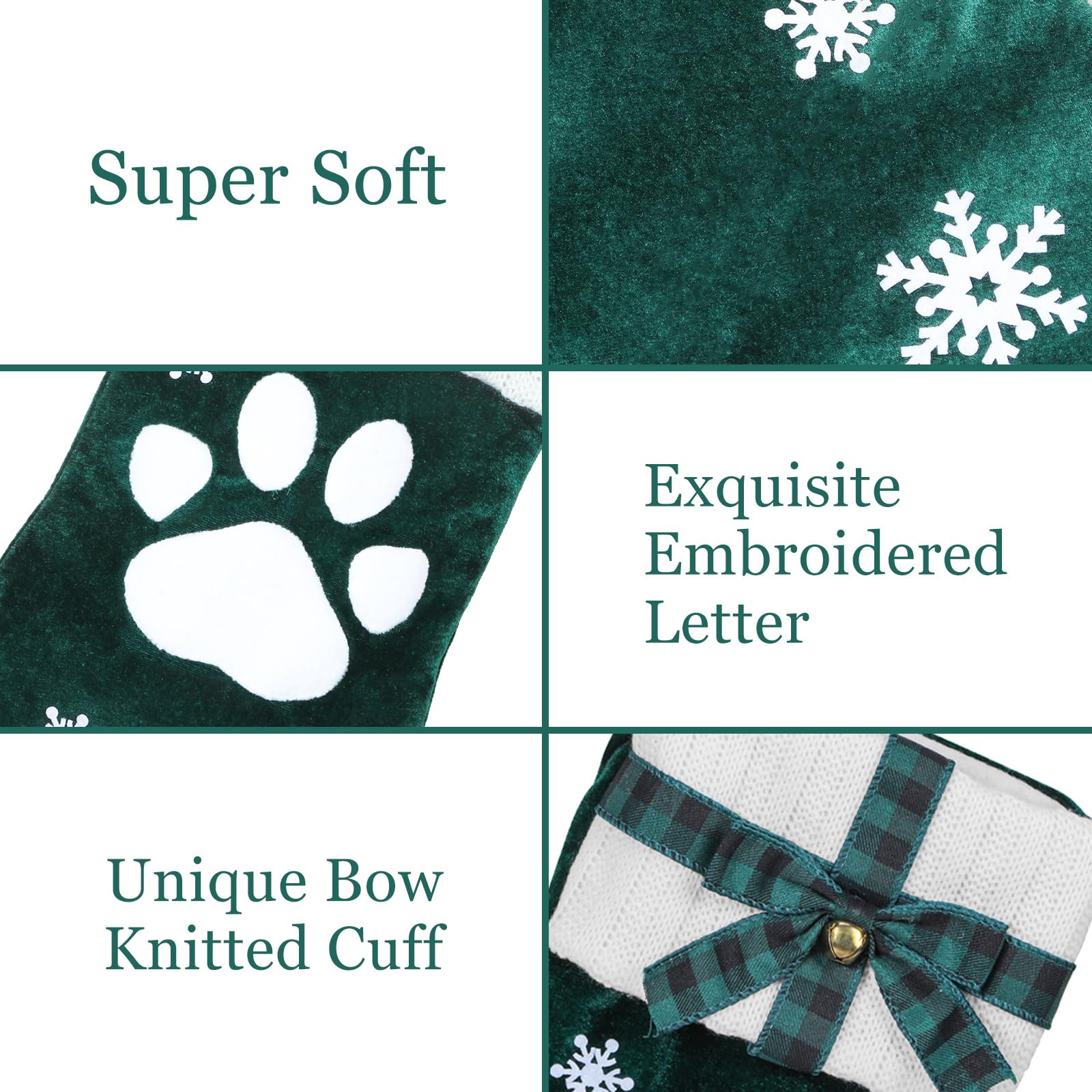 HMASYO 20 Inch Green Velvet Personalized Pet Christmas Stocking - Embroidered Paw Design with Bow & Knitted Cuff for Dogs & Cats | Perfect for Family Holiday Decor, Fireplace Mantel & Gift Exchange