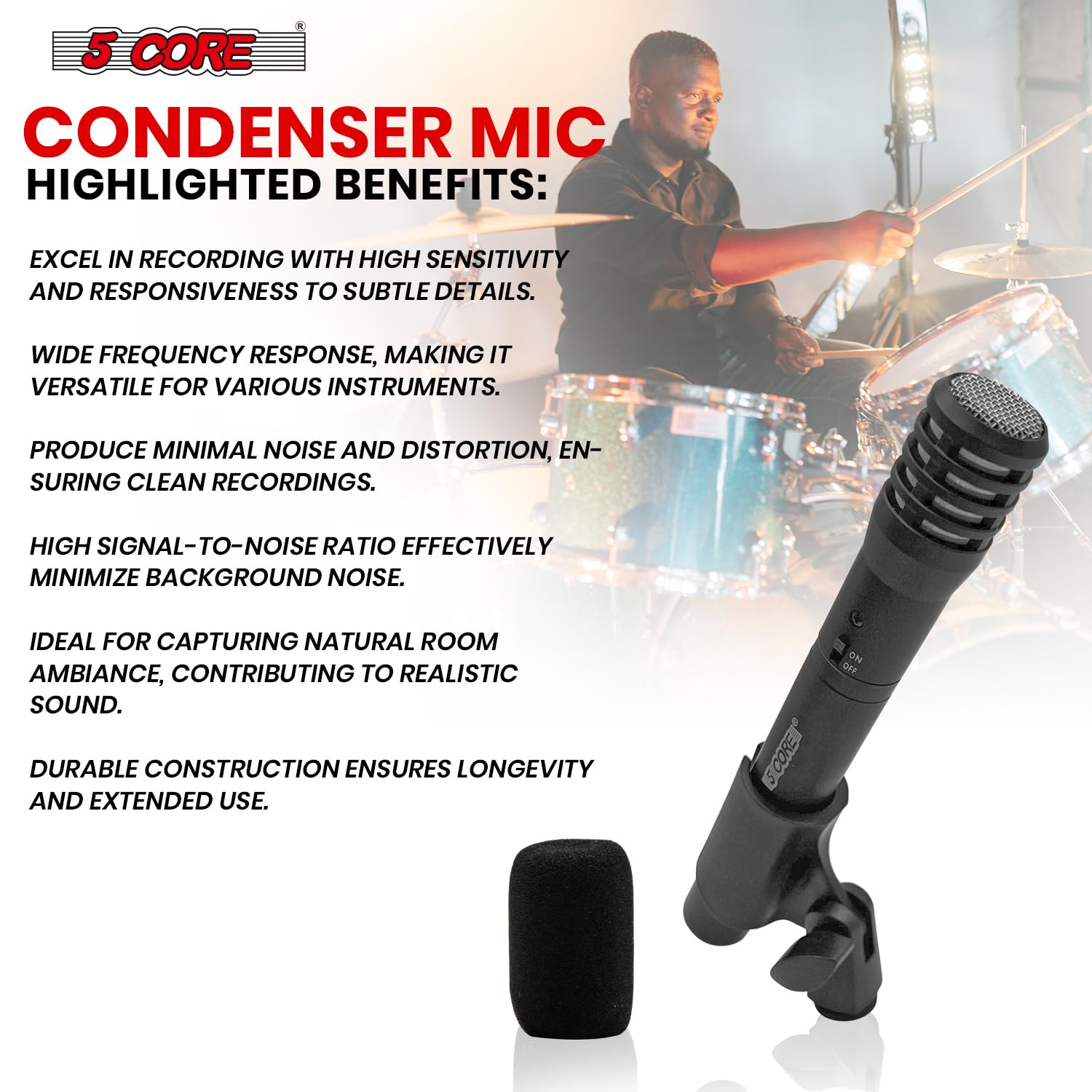 5 CORE Professional Condenser Microphone - Cardioid Unidirectional Pencil Mic with Windscreen, Mic Clip & Case (INSTRU MIC 100 BLK) - Perfect for Podcasting, Voice Overs, Studio Recording & Live Streaming