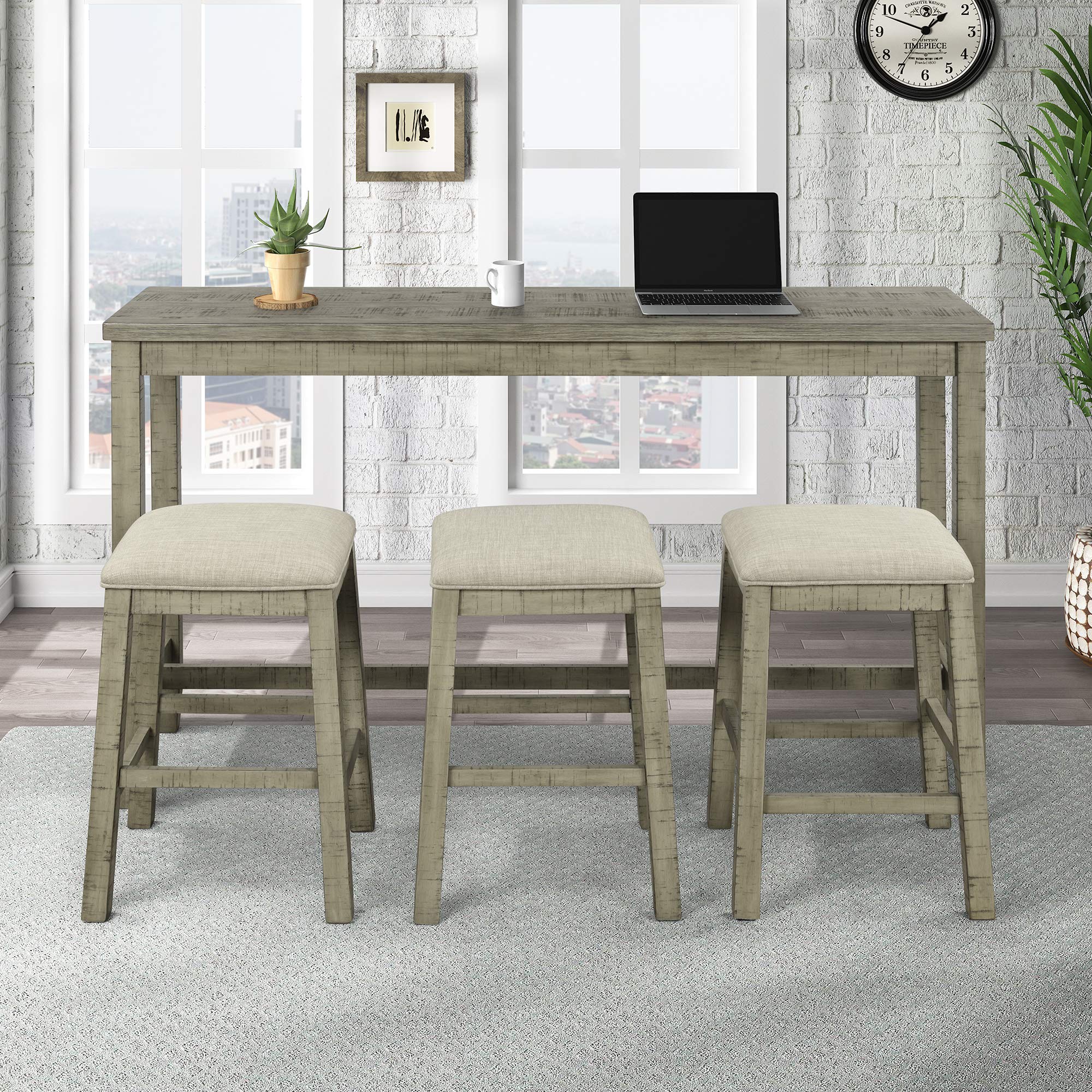 Quarte 4-Piece Rustic Wood Counter Height Bar Table Set with Fabric Padded Stools & Socket, Multipurpose Dining Room Furniture for Kitchen, Living Room, and Small Spaces