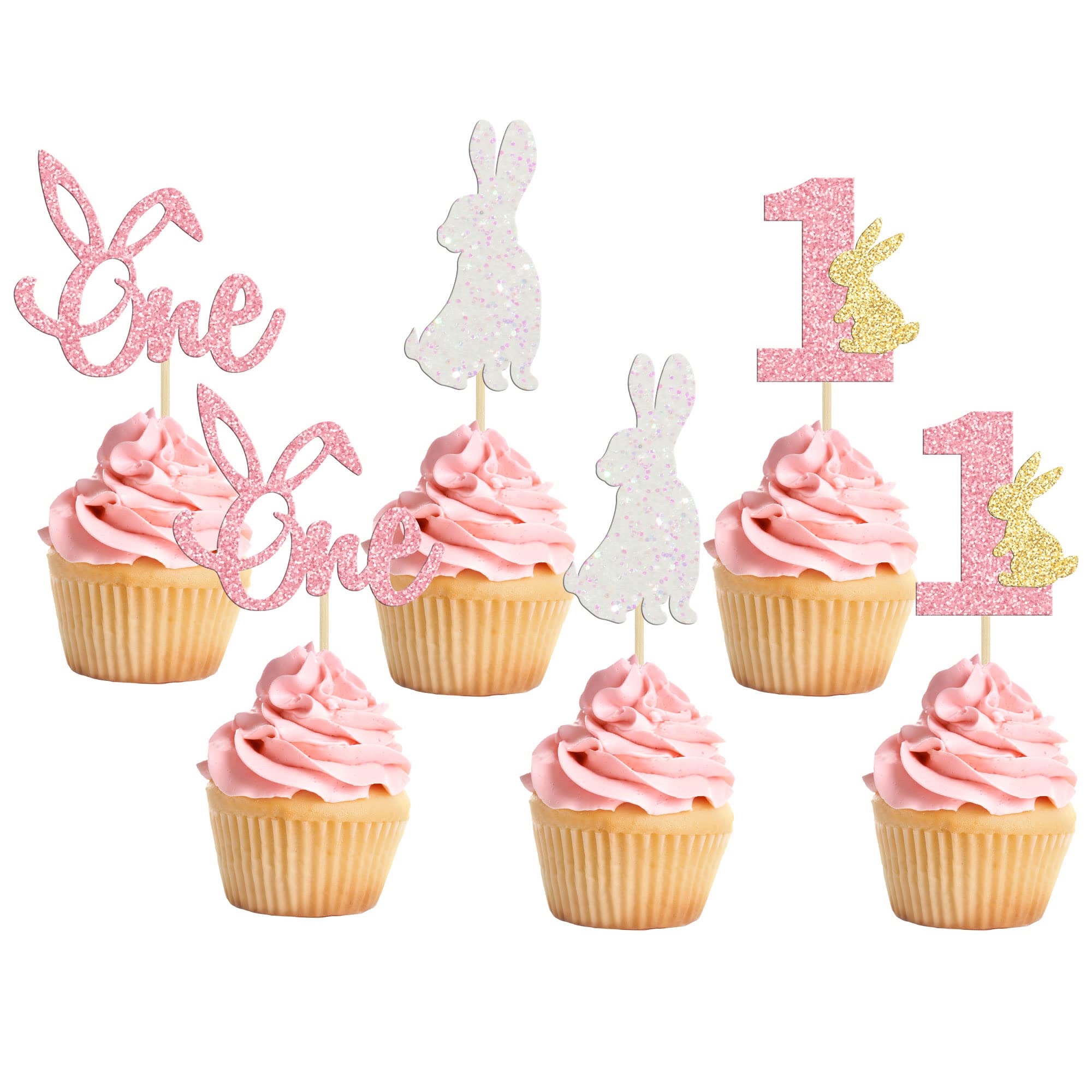 24Pcs Pink Glitter Easter Bunny Cupcake Toppers - Some Bunny is One Birthday Party Decorations for Easter, Spring & First Birthday Themes - Perfect for Girl's Birthday Cakes, Baby Showers & Easter Celebrations